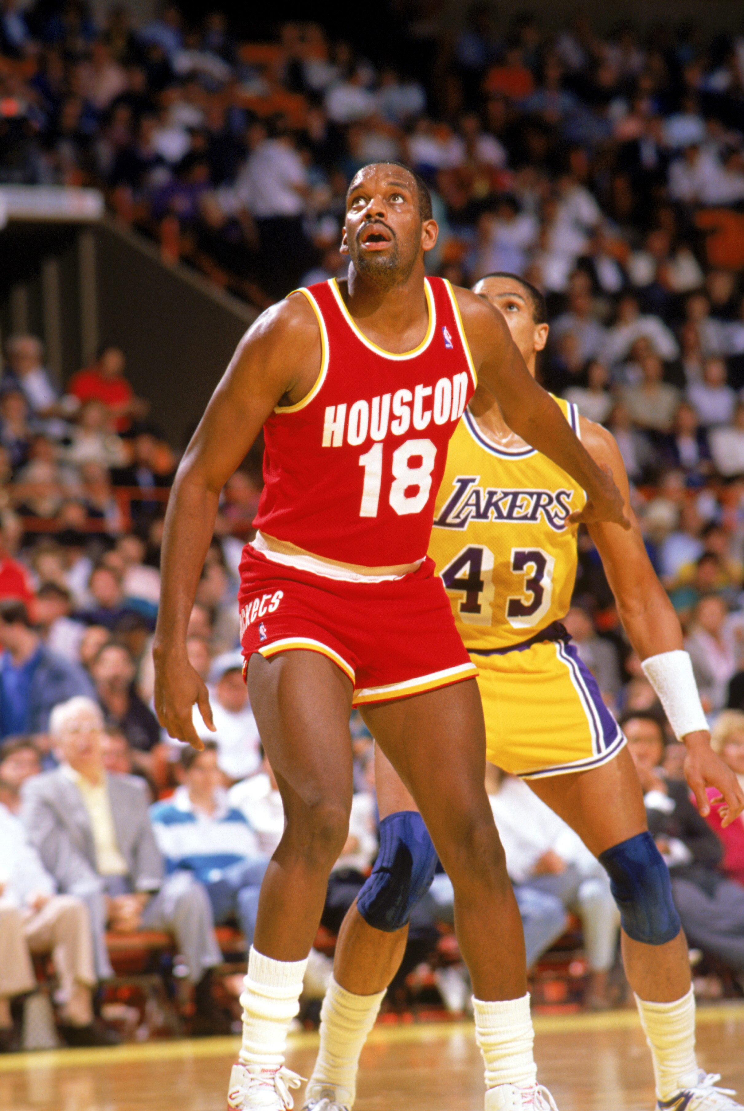 INGLEWOOD -1987:  Cedric Maxwell #18 of the Houston Rockets looks for the rebound during a game in the1987-88 season against the Los Angeles Lakers at the Forum in Inglewood, Califronia. NOTE TO USER: User expressly acknowledges and agrees that, by downlo