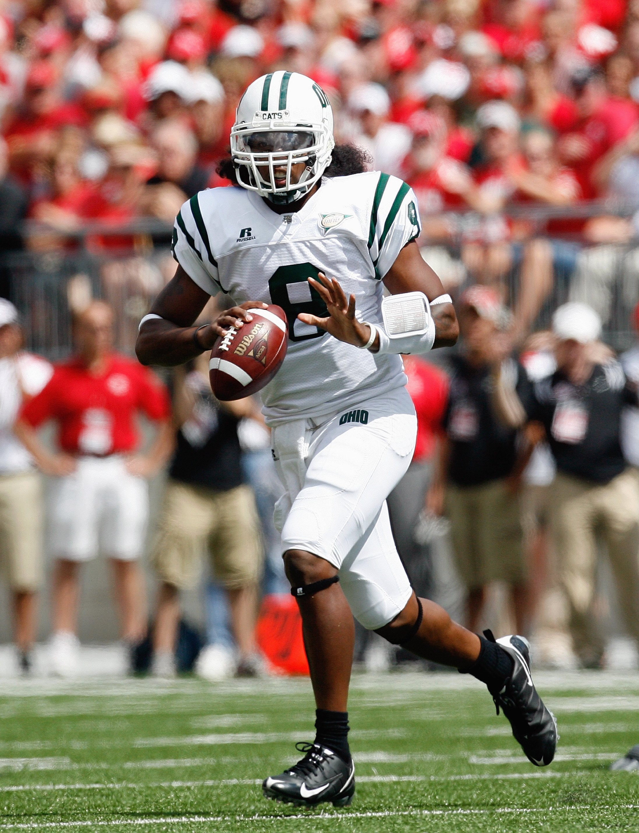 COLUMBUS, OH - SEPTEMBER 06:  Boo Jackson #8 of the Ohio Bobcats moves to pass the ball during the game against the Ohio State Buckeyes at Ohio Stadium on September 6, 2008 in Columbus, Ohio.  (Photo by Kevin C. Cox/Getty Images)
