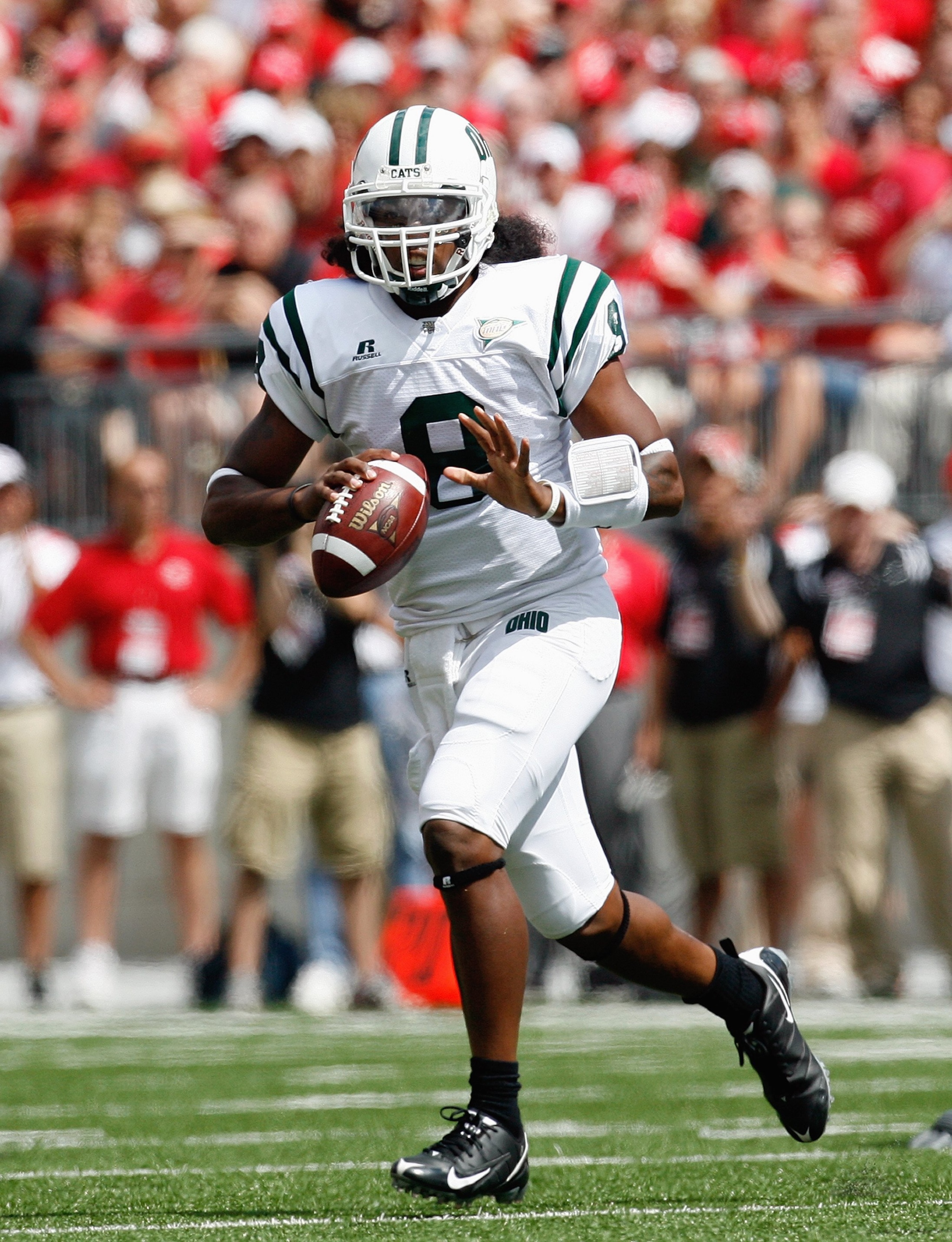 COLUMBUS, OH - SEPTEMBER 06:  Boo Jackson #8 of the Ohio Bobcats moves to pass the ball during the game against the Ohio State Buckeyes at Ohio Stadium on September 6, 2008 in Columbus, Ohio.  (Photo by Kevin C. Cox/Getty Images)
