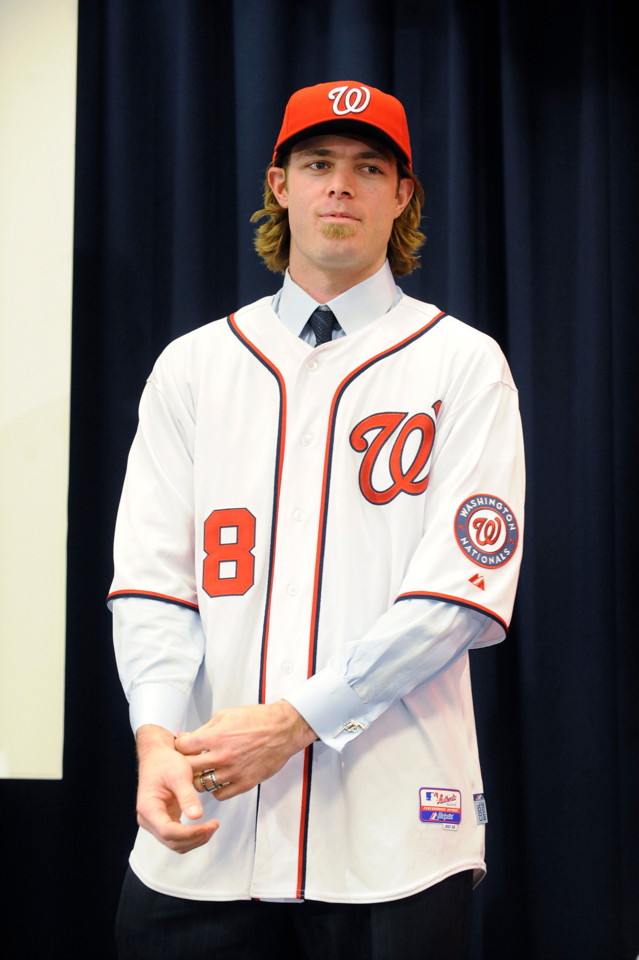 WASHINGTON, DC - DECEMBER 15:  Jayson Werth #28 of the Washington Nationals poses in his jersey as he is introduced to the media on December 15, 2010 at Nationals Park in Washington, DC.   (Photo by Mitchell Layton/Getty Images)