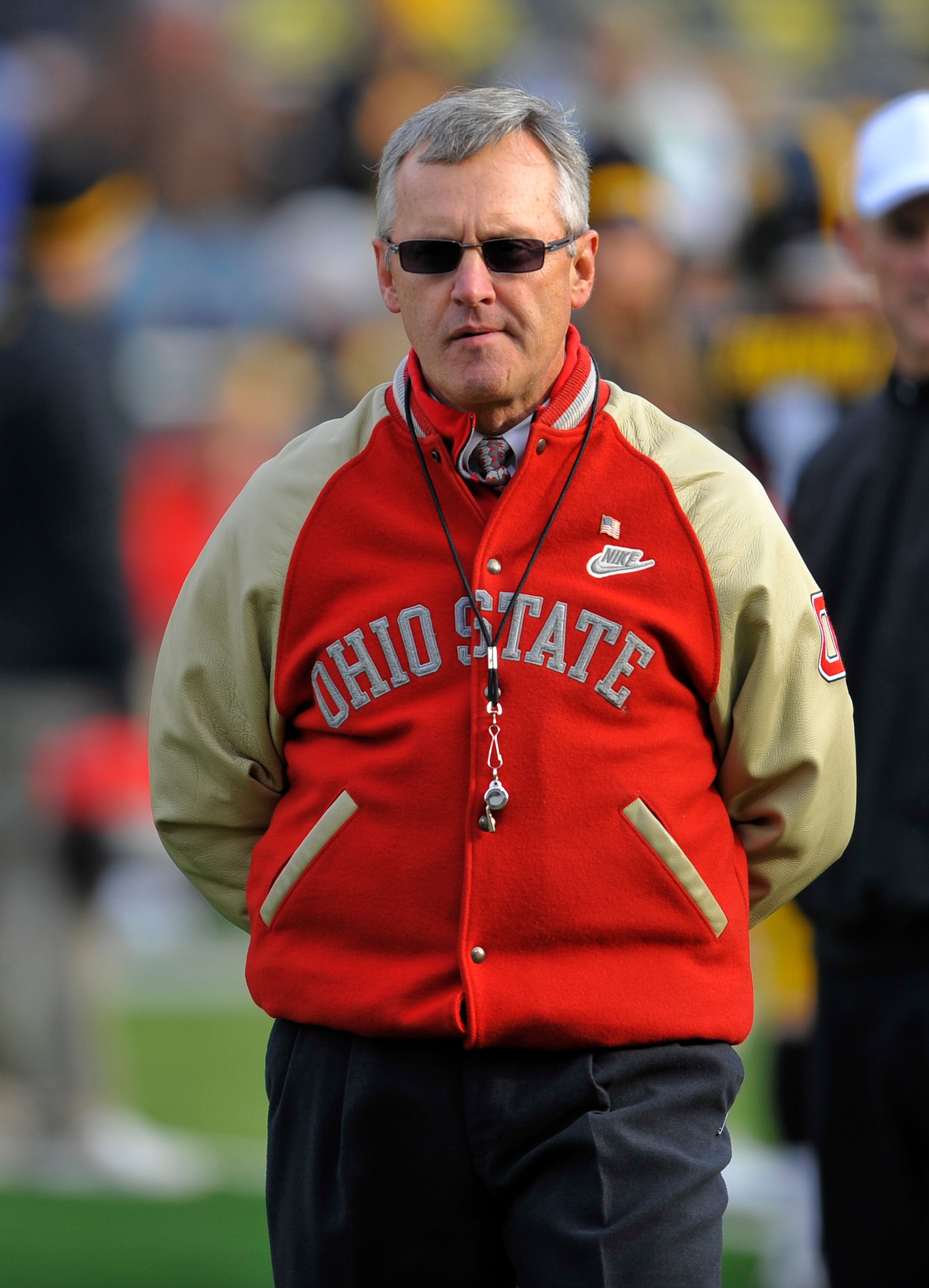 IOWA CITY, IA - NOVEMBER 20:  Ohio State Buckeyes head coach Jim Tressel looks on from the sidelines during pre game warm ups at the University of Iowa Hawkeyes NCAA football game at Kinnick Stadium on November 20, 2010 in Iowa City, Iowa. Ohio State won