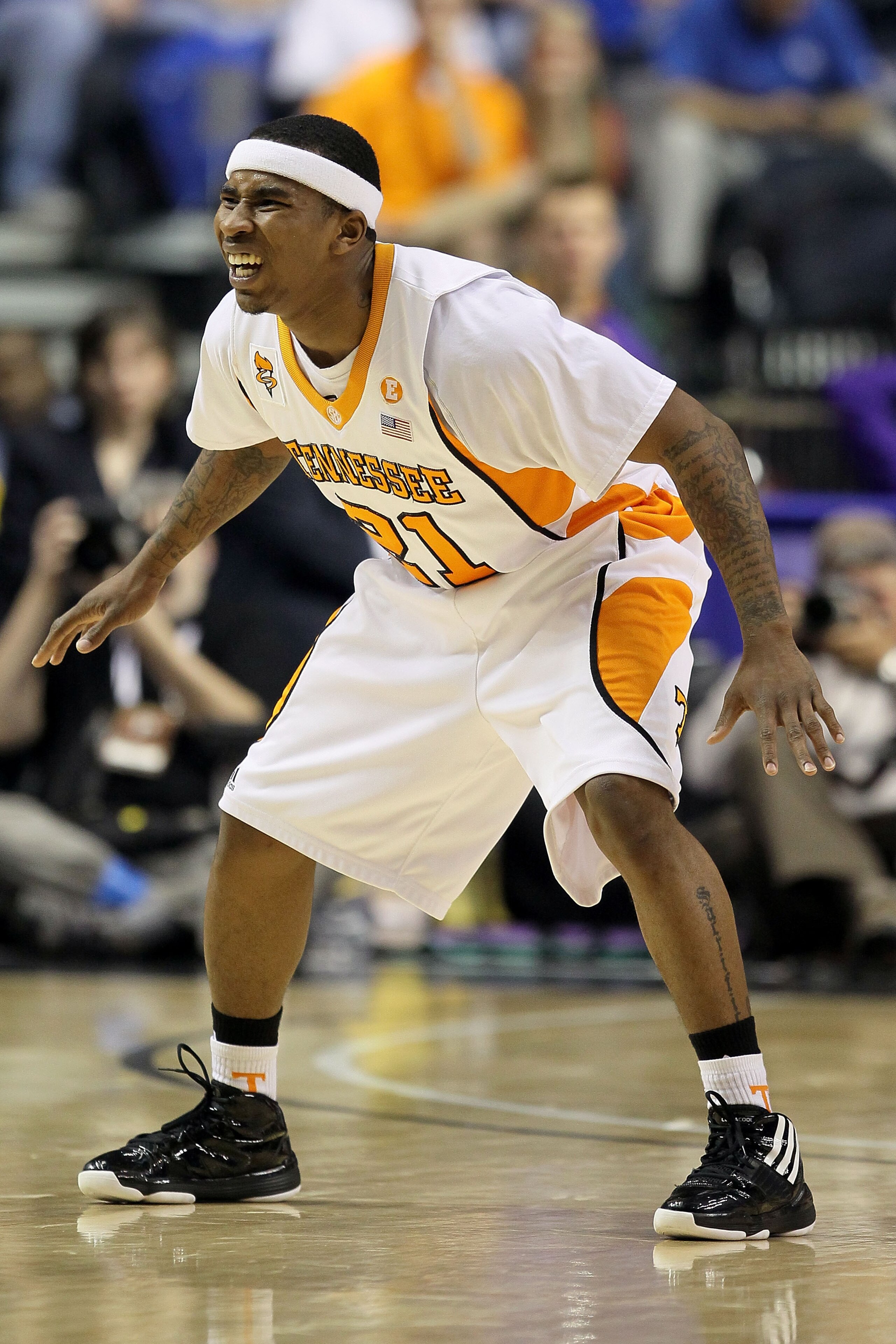NASHVILLE, TN - MARCH 11:  Melvin Goins #21 of the Tennessee Volunteers defends against the LSU Tigers during the first round of the SEC Men's Basketball Tournament at the Bridgestone Arena on March 11, 2010 in Nashville, Tennessee.  (Photo by Andy Lyons/
