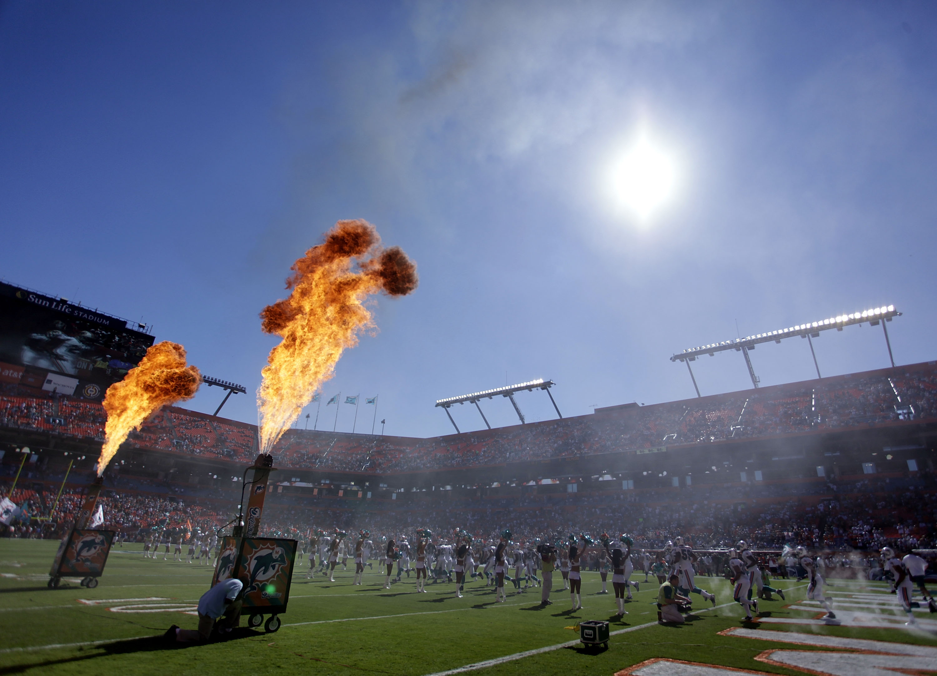 MIAMI - DECEMBER 05: The Miami Dolphins are introduced against the Cleveland Browns while sliding at Sun Life Stadium on December 5, 2010 in Miami, Florida.  (Photo by Marc Serota/Getty Images)