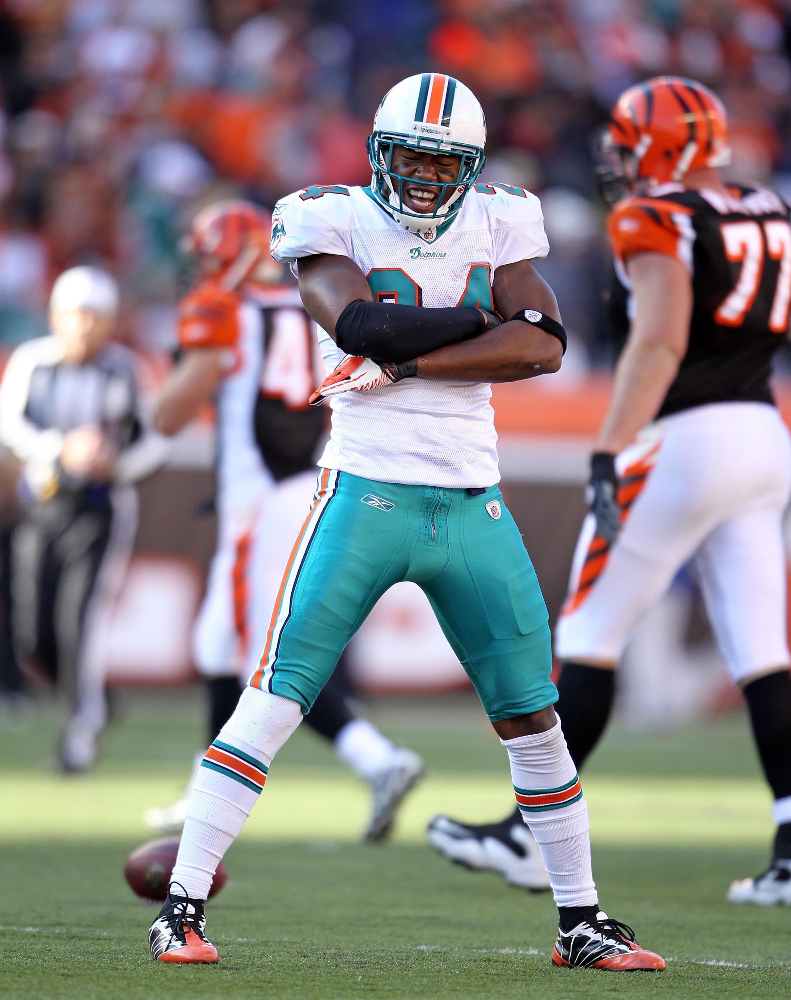 CINCINNATI - OCTOBER 31: Sean Smith #24 of the Miami Dolphins celebrates after intercepting a pass during the NFL game against the Cincinnati Bengals at Paul Brown Stadium on October 31, 2010 in Cincinnati, Ohio. (Photo by Andy Lyons/Getty Images) CINCINNATI - OCTOBER 31: Sean Smith #24 of the Miami Dolphins celebrates after intercepting a pass during the NFL game against the Cincinnati Bengals at Paul Brown Stadium on October 31, 2010 in Cincinnati, Ohio. (Photo by Andy Lyons/Getty Images)
