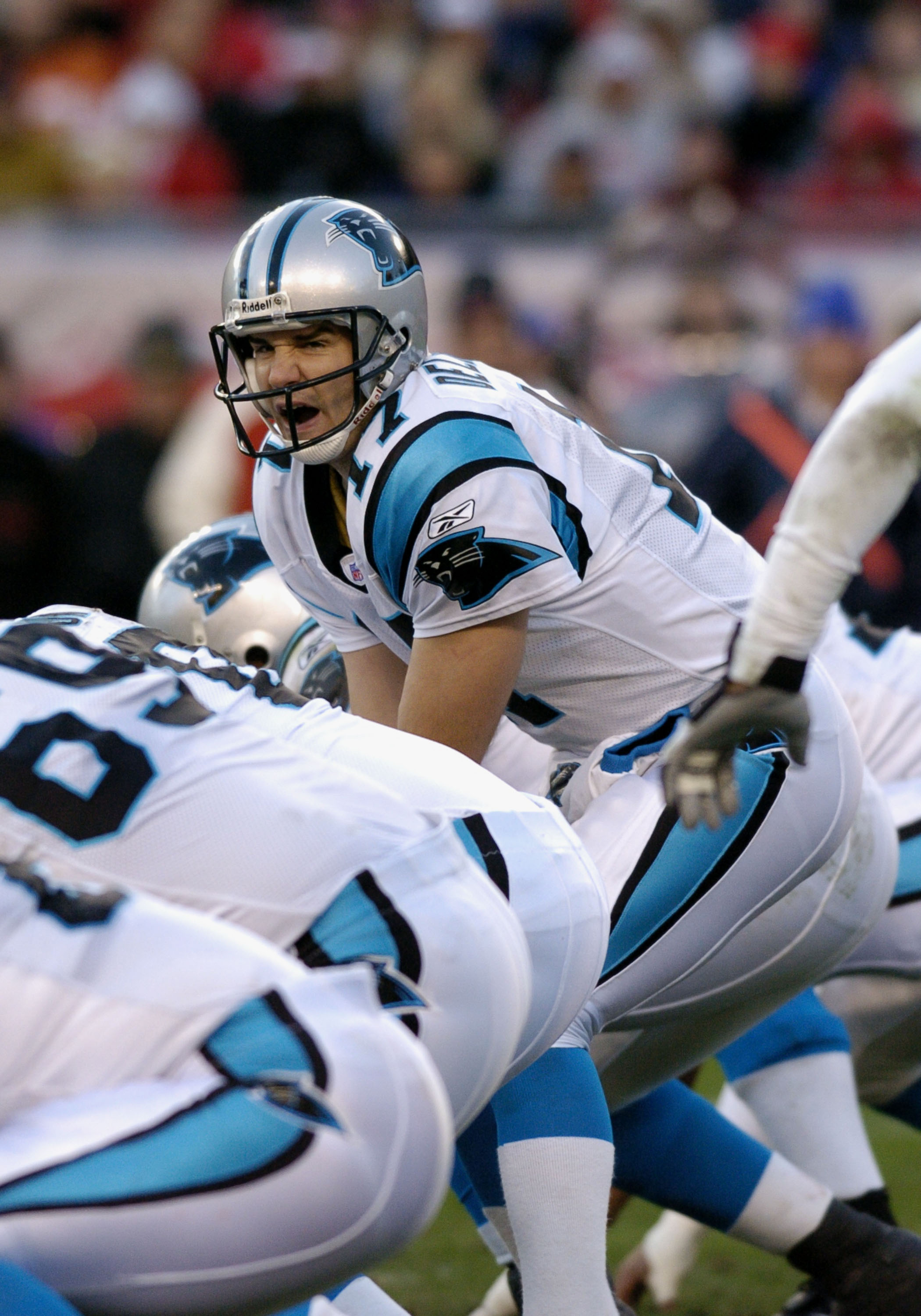 Carolina Panthers quarterback Jake Delhomme sets for play   against the Tampa Bay Buccaneers Dec. 26, 2004 at Raymond James Stadium in Tampa.  The Panthers defeated the Bucs 37 to 20.  (Photo by Al Messerschmidt/Getty Images)