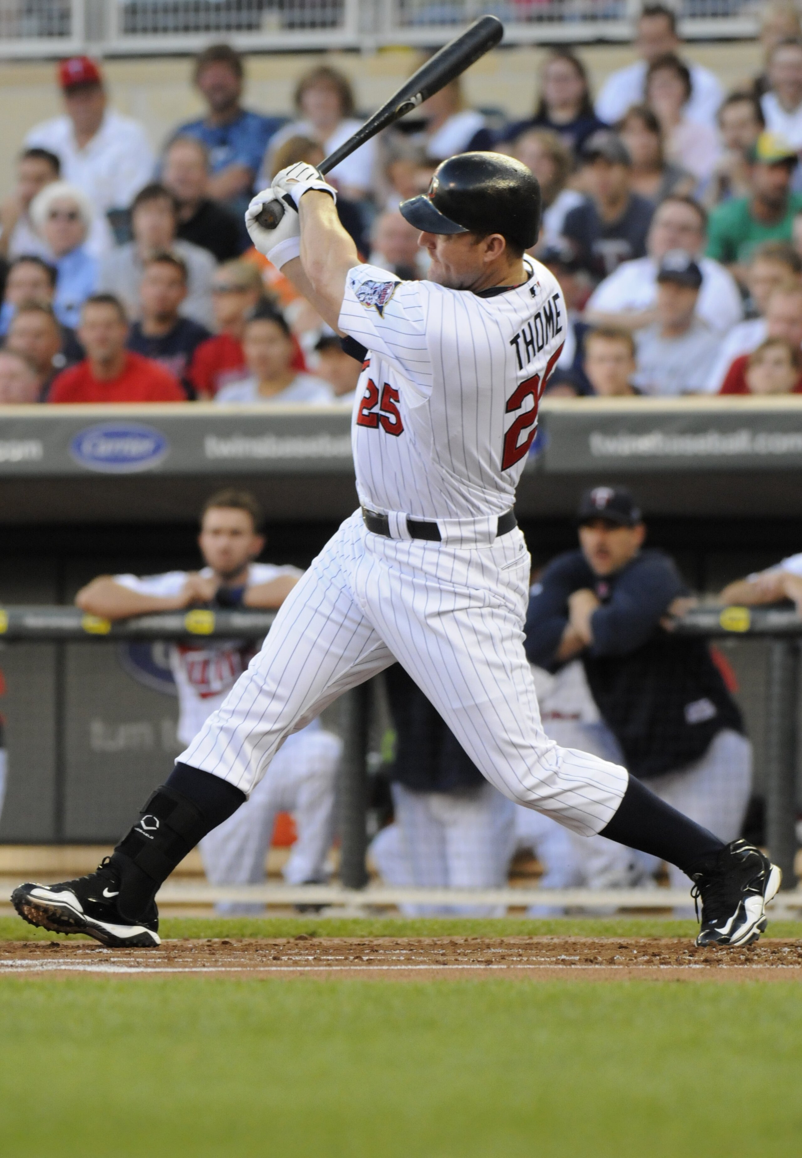 MINNEAPOLIS, MN - MAY 27: Jim Thome #25 of the Minnesota Twins bats in the first inning against the New York Yankees during the game on May 27, 2010 at Target Field in Minneapolis, Minnesota. The Twins defeated the Yankees 8-2. (Photo by Hannah Foslien/Ge
