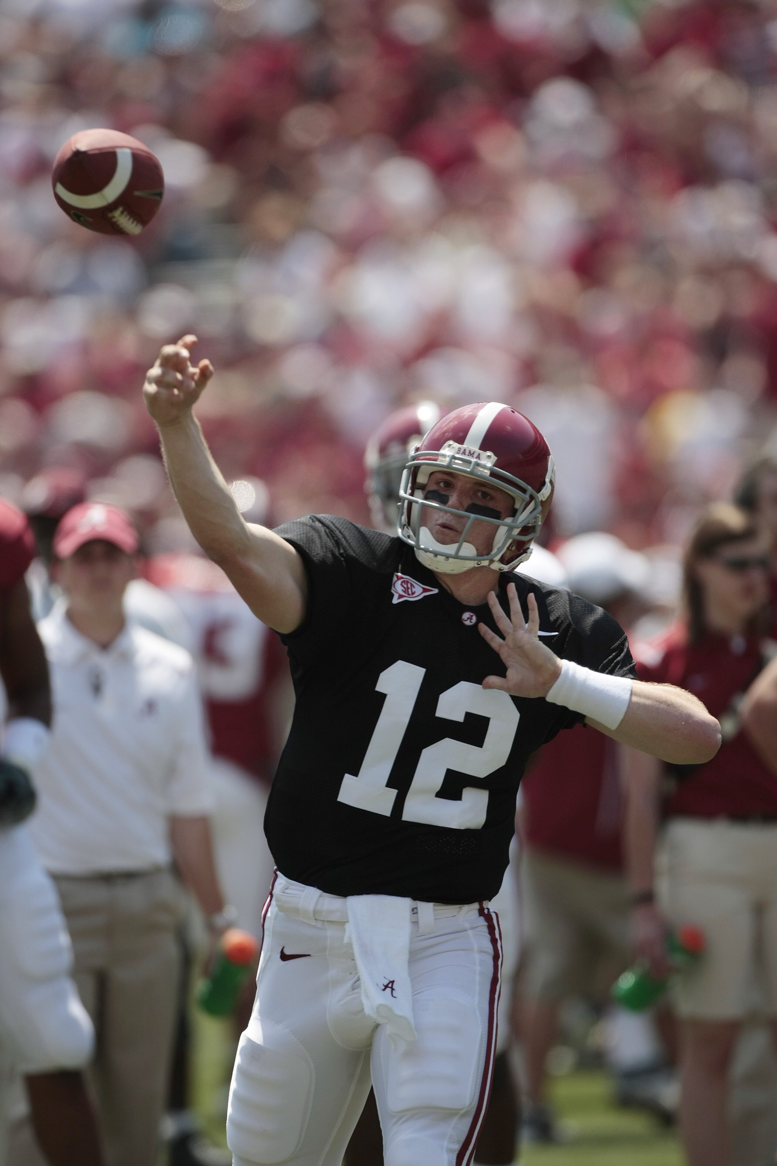 TUSCALOOSA, AL - APRIL 17: Quarterback Greg McElroy (12) of the University of Alabama throws during the Alabama spring game at Bryant Denny Stadium on April 17, 2010 in Tuscaloosa, Alabama. (Photo by Dave Martin/Getty Images) TUSCALOOSA, AL - APRIL 17: Quarterback Greg McElroy (12) of the University of Alabama throws during the Alabama spring game at Bryant Denny Stadium on April 17, 2010 in Tuscaloosa, Alabama. (Photo by Dave Martin/Getty Images)