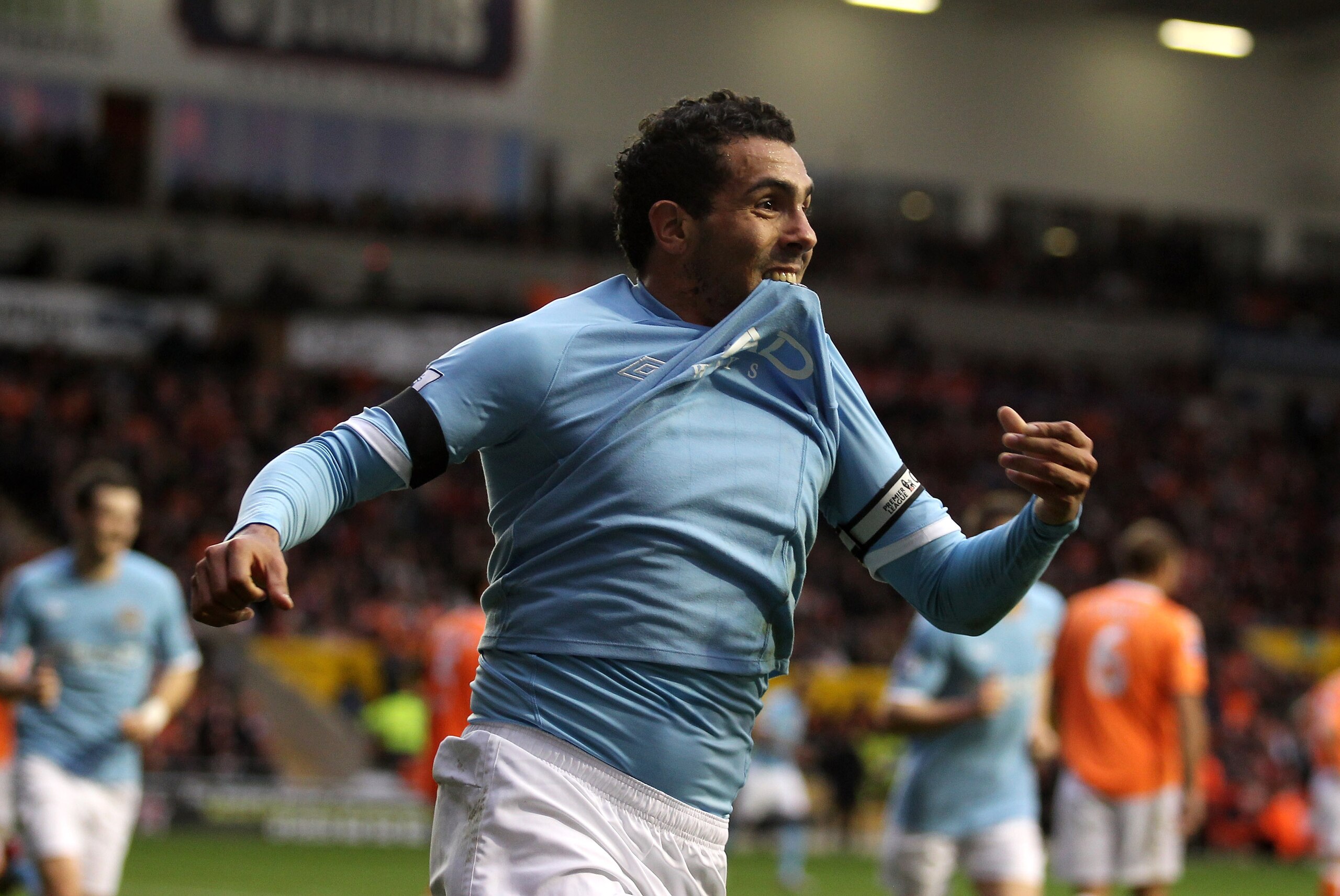 BLACKPOOL, ENGLAND - OCTOBER 17:  Carlos Tevez of Manchester City celebrates scoring the opening goal during the Barclays Premiership match between Blackpool and Manchester City at Bloomfield Road on October 17, 2010 in Blackpool, England.  (Photo by Alex