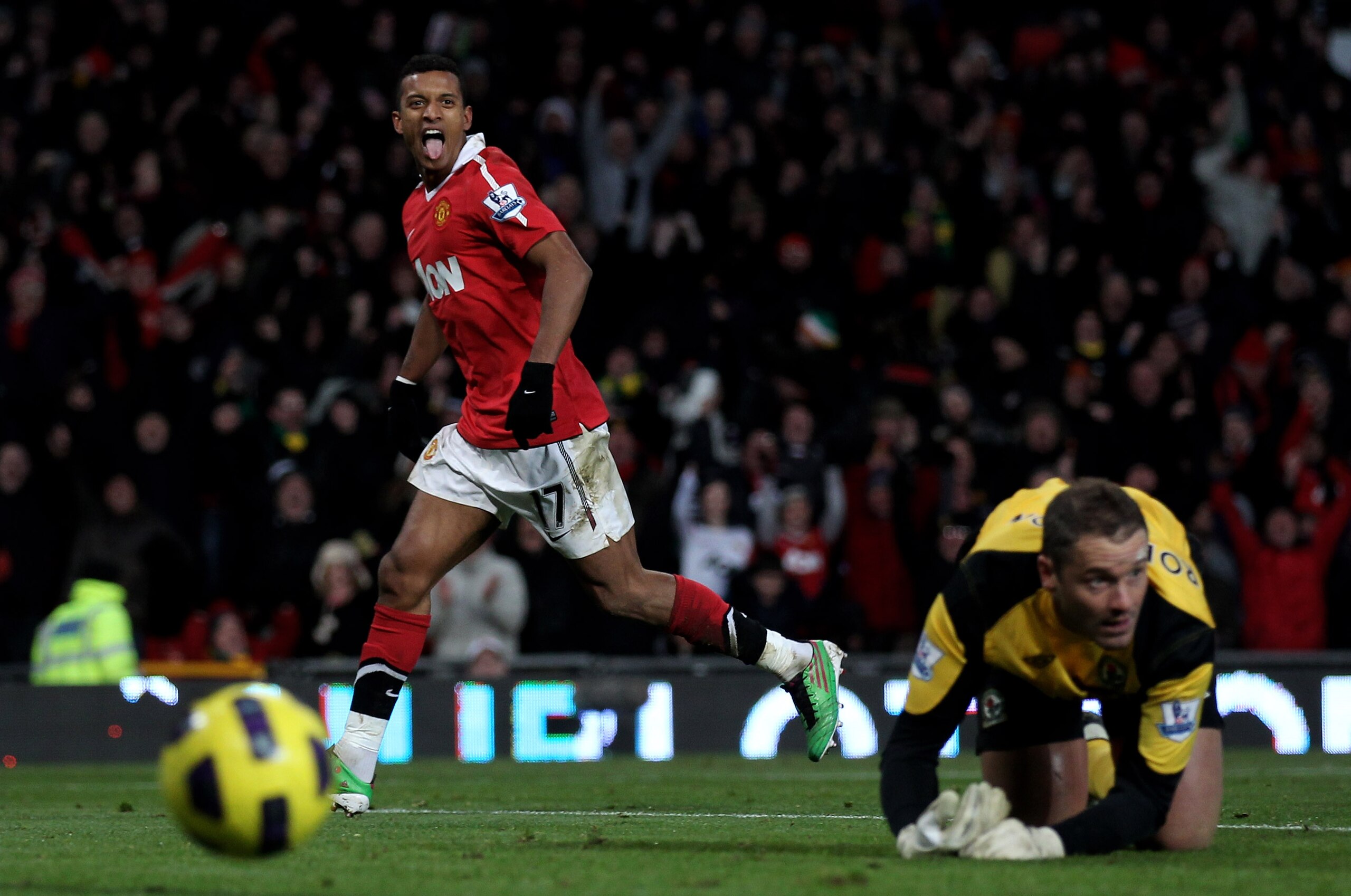 MANCHESTER, ENGLAND - NOVEMBER 27:  Paul Robinson of Blackburn Rovers is unable to stop Nani of Manchester United scoring his team's fifth goal during the Barclays Premier League match between Manchester United and Blackburn Rovers at Old Trafford on Nove
