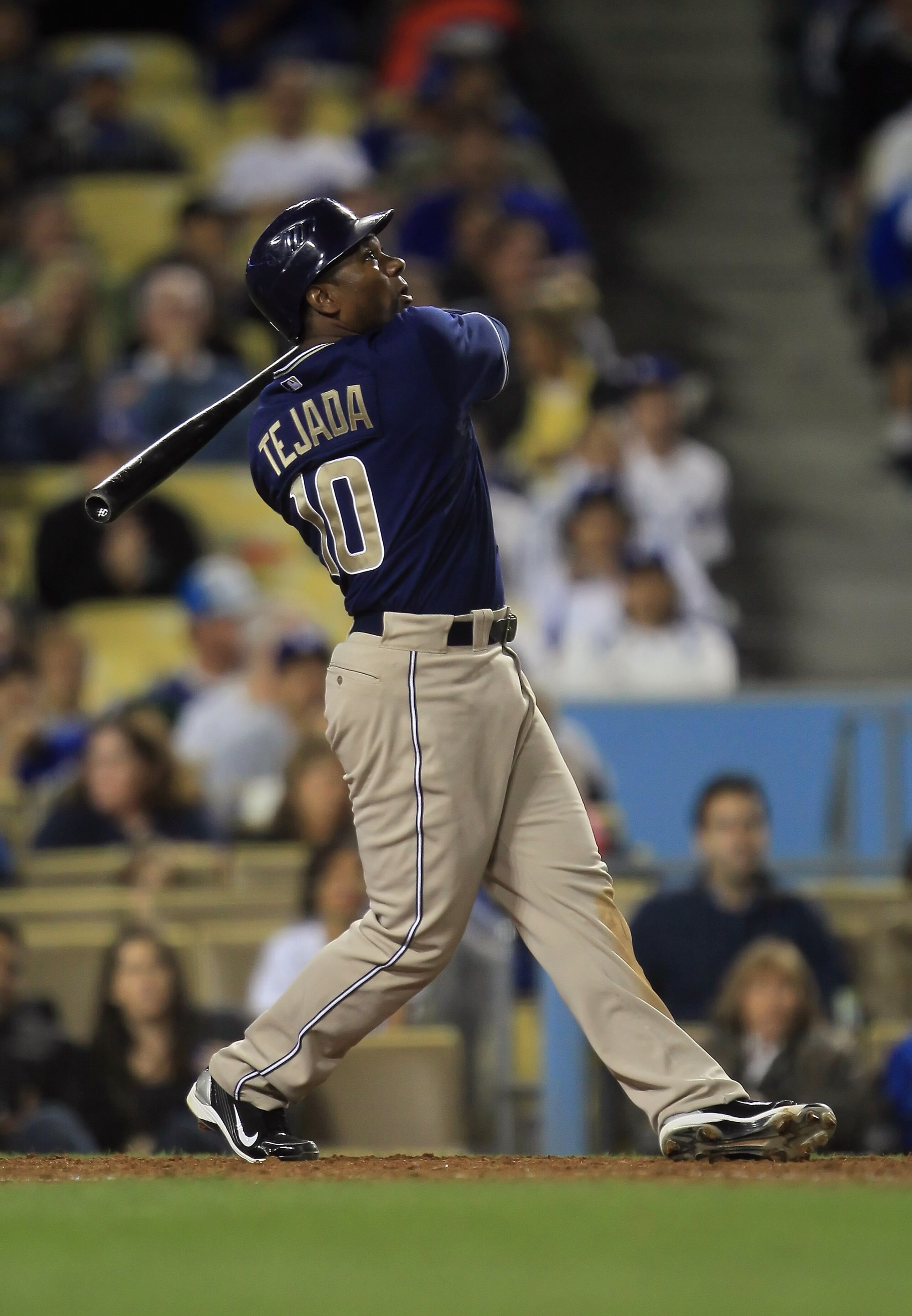 LOS ANGELES, CA - SEPTEMBER 22:  Miguel Tejada #10 of the San Diego Padres bats against the Los Angeles Dodgers at Dodger Stadium on September 22, 2010 in Los Angeles, California.  (Photo by Jeff Gross/Getty Images)