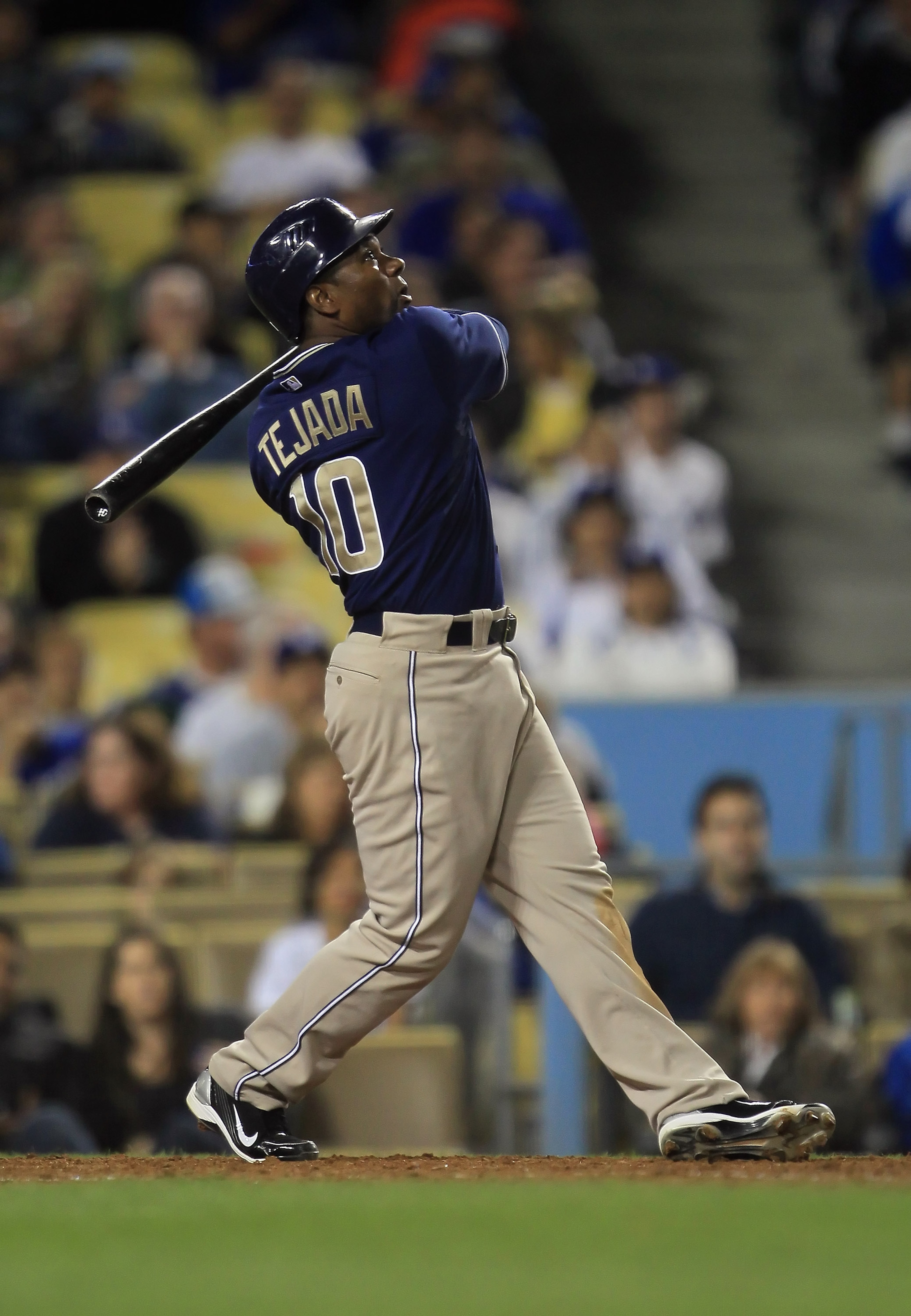LOS ANGELES, CA - SEPTEMBER 22:  Miguel Tejada #10 of the San Diego Padres bats against the Los Angeles Dodgers at Dodger Stadium on September 22, 2010 in Los Angeles, California.  (Photo by Jeff Gross/Getty Images)