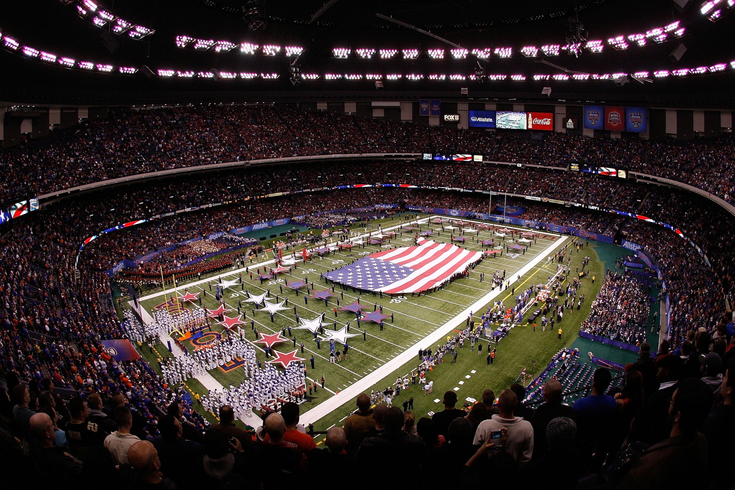 NEW ORLEANS - JANUARY 01:  A general view of the National Anthem as the Cincinnati Bearcats play the Florida Gators during the Allstate Sugar Bowl at the Louisana Superdome on January 1, 2010 in New Orleans, Louisiana.  (Photo by Chris Graythen/Getty Imag