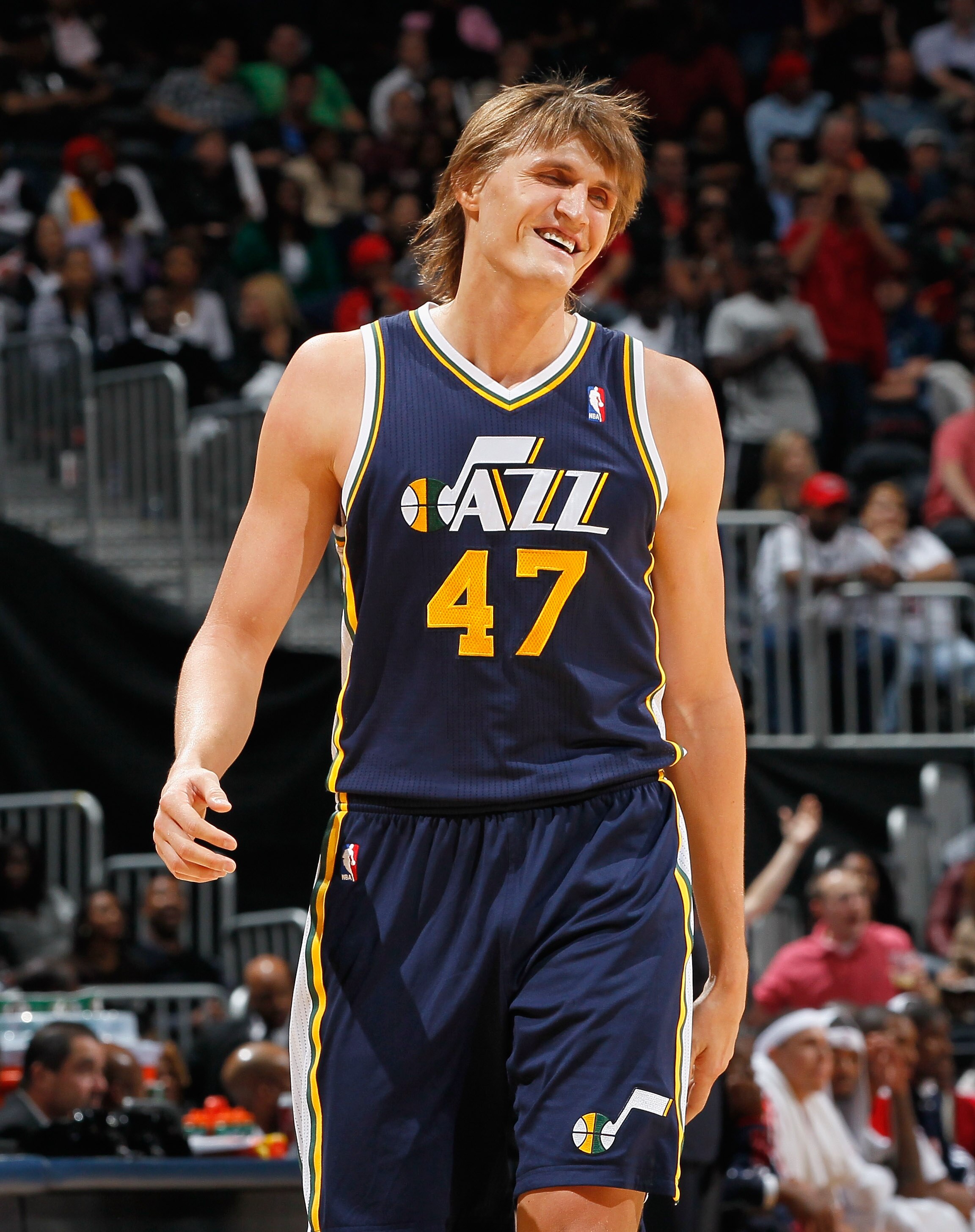 ATLANTA - NOVEMBER 12: Andrei Kirilenko #47 of the Utah Jazz against the Atlanta Hawks at Philips Arena on November 12, 2010 in Atlanta, Georgia. NOTE TO USER: User expressly acknowledges and agrees that, by downloading and/or using this Photograph, Use ATLANTA - NOVEMBER 12: Andrei Kirilenko #47 of the Utah Jazz against the Atlanta Hawks at Philips Arena on November 12, 2010 in Atlanta, Georgia. NOTE TO USER: User expressly acknowledges and agrees that, by downloading and/or using this Photograph, Use