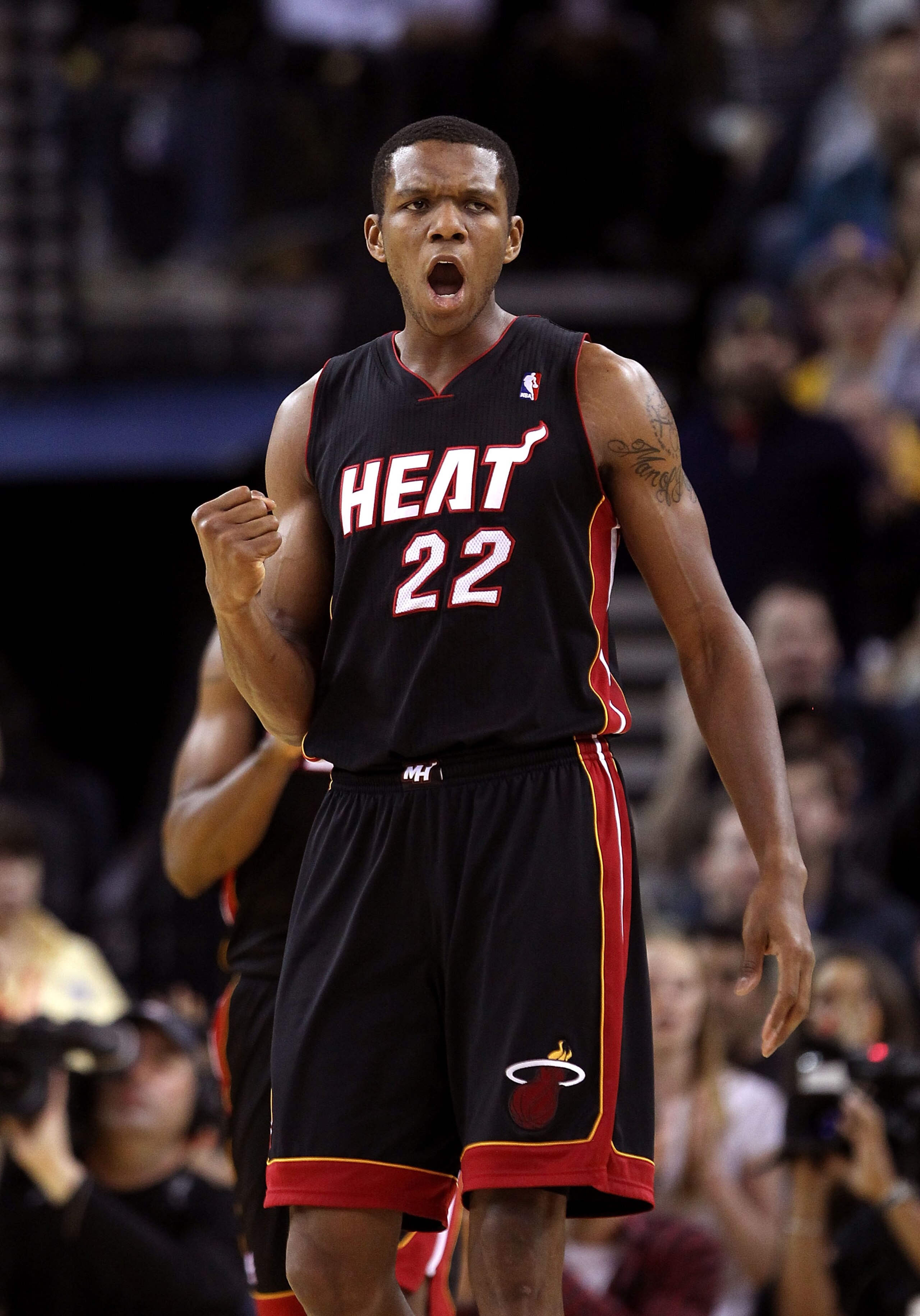 OAKLAND, CA - DECEMBER 10:  James Jones #22 of the Miami Heat reacts after a basket during their game against the Golden State Warriors at Oracle Arena on December 10, 2010 in Oakland, California. NOTE TO USER: User expressly acknowledges and agrees that,