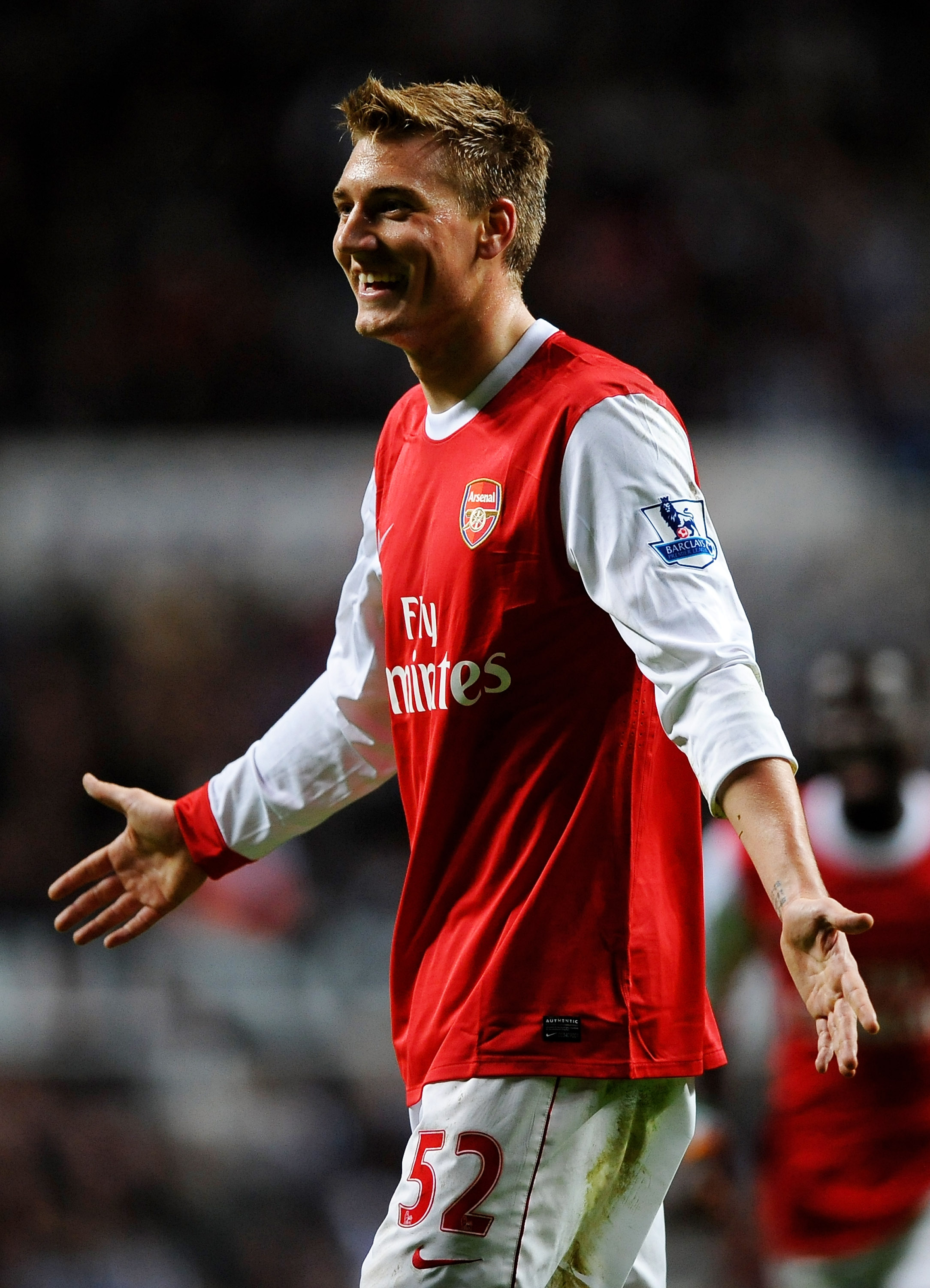 NEWCASTLE UPON TYNE, ENGLAND - OCTOBER 27:  Nicklas Bendtner of Arsenal celebrates scoring his team's third goal during the Carling Cup Fourth Round match between Newcastle United and Arsenal at St James' Park on October 27, 2010 in Newcastle, England.  (