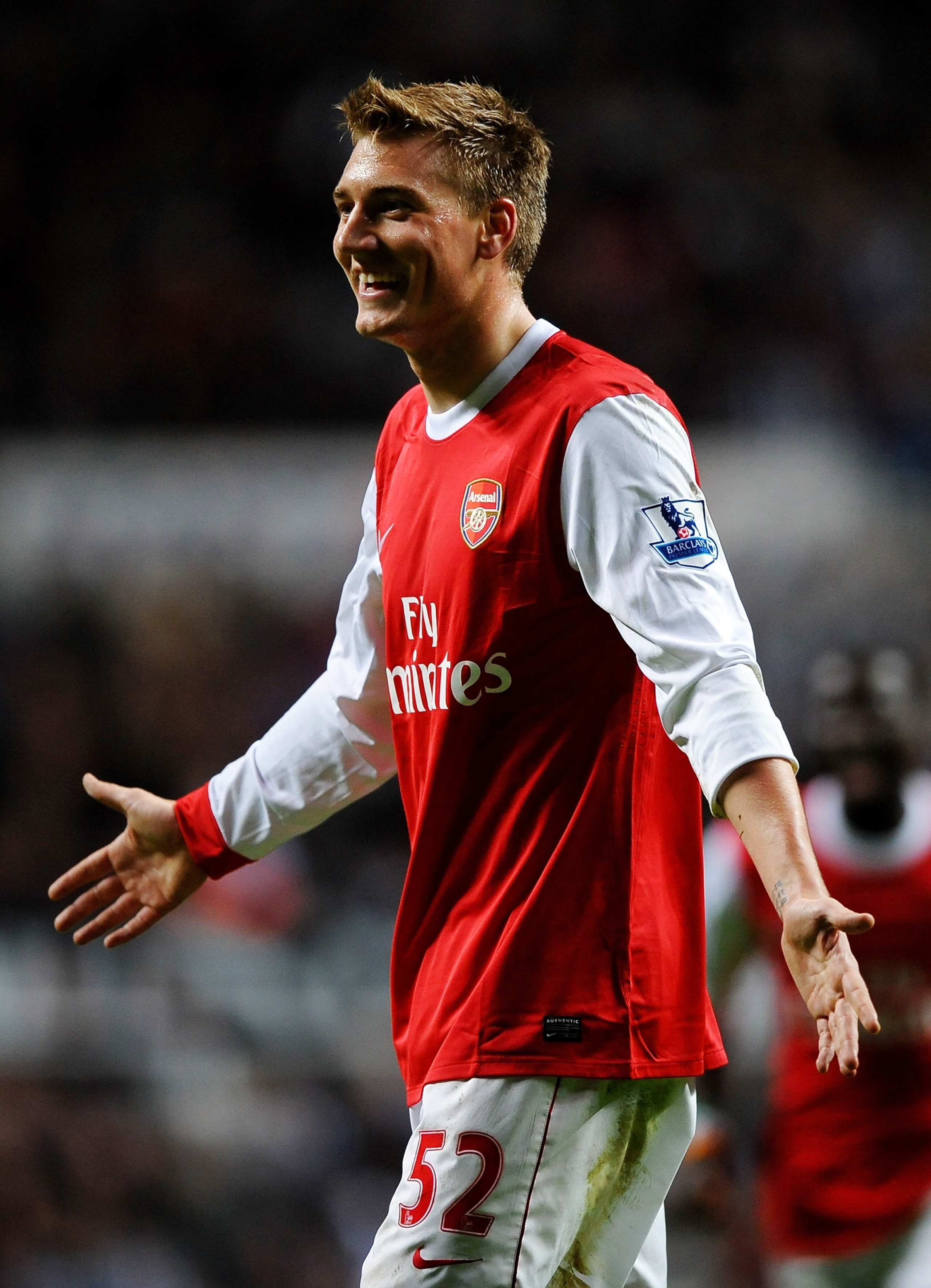 NEWCASTLE UPON TYNE, ENGLAND - OCTOBER 27:  Nicklas Bendtner of Arsenal celebrates scoring his team's third goal during the Carling Cup Fourth Round match between Newcastle United and Arsenal at St James' Park on October 27, 2010 in Newcastle, England.  (