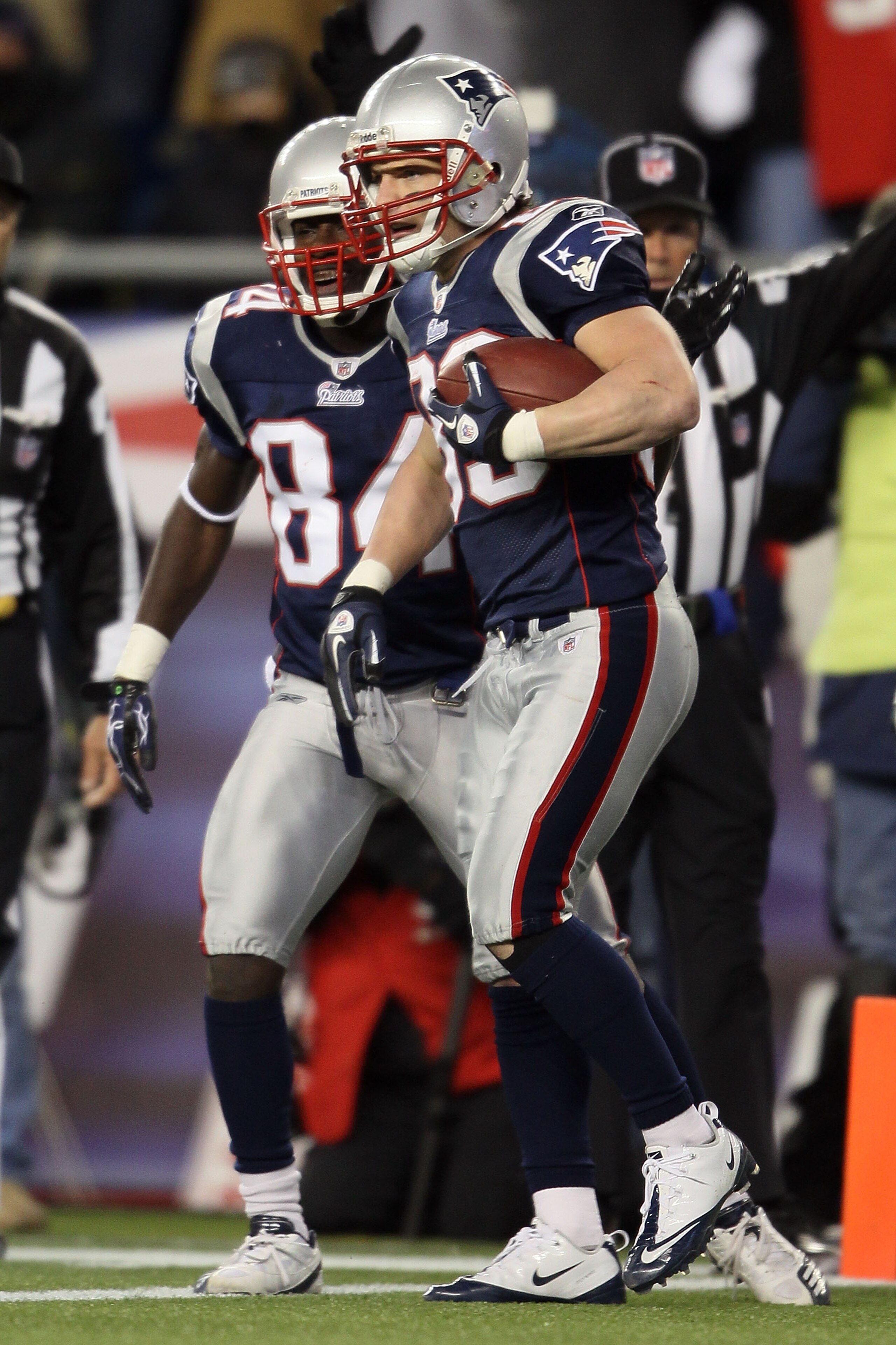 FOXBORO, MA - DECEMBER 06:  Wes Welker #83 (R) and Deion Branch #84 of the New England Patriots celebrate after Welker scored a touchdown in the third quarter against the New York Jets at Gillette Stadium on December 6, 2010 in Foxboro, Massachusetts.  (P