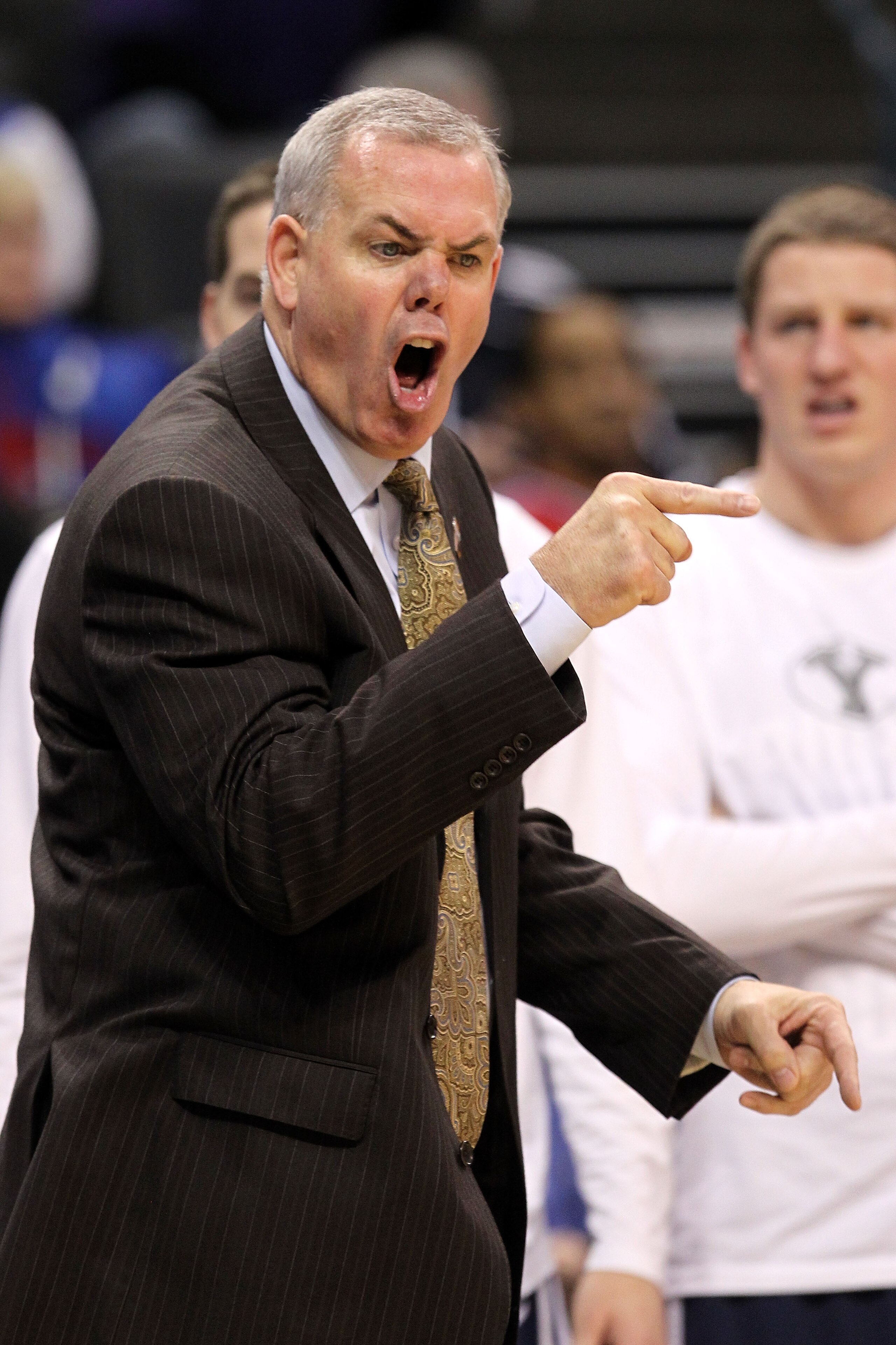 OKLAHOMA CITY - MARCH 20:  Head coach Dave Rose of the Brigham Young Cougars reacts against the Kansas State Wildcats during the second round of the 2010 NCAA men's basketball tournament at Ford Center on March 20, 2010 in Oklahoma City, Oklahoma.  (Photo