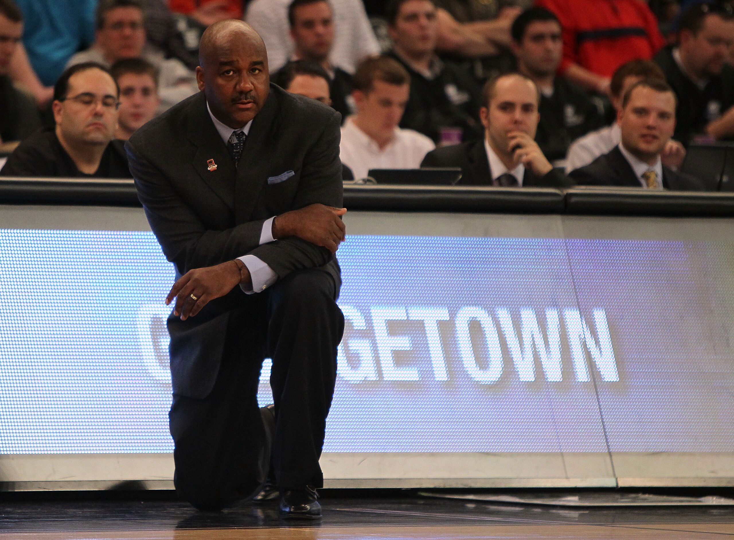 PROVIDENCE, RI - MARCH 18:  Coach John Thompson of the Georgetown Hoyas reacts during a game against the Ohio Bobcats during the first round of the 2010 NCAA men's basketball tournament at Dunkin' Donuts Center on March 18, 2010 in Providence, Rhode Islan
