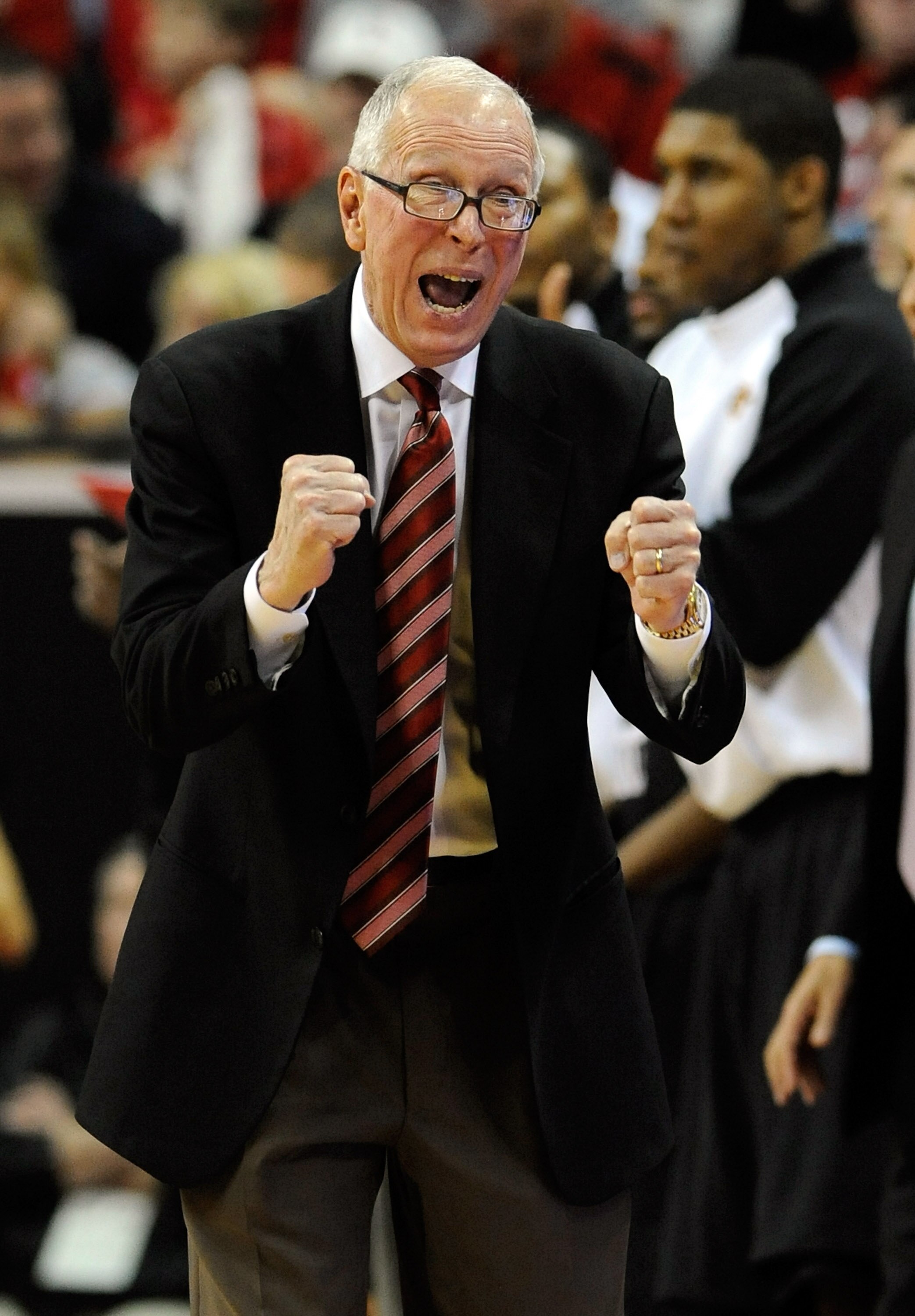 LAS VEGAS - MARCH 13:  Head coach Steve Fisher of the San Diego State Aztecs reacts during his team's 55-45 victory over the UNLV Rebels in the championship game of the Conoco Mountain West Conference Basketball tournament at the Thomas & Mack Center Marc