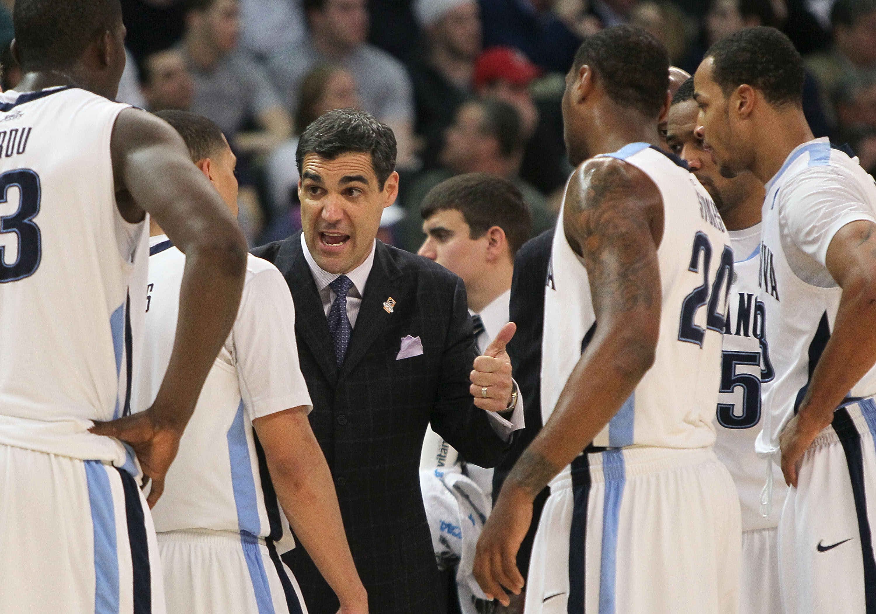 PROVIDENCE, RI - MARCH 20: Coach Jay Wright of the Villanova Wildcats speaks to his team against the Saint Mary's Gaels during the second round of the 2010 NCAA men's tournament at Dunkin' Donuts Center on March 20, 2010 in Providence, Rhode Island. (Phot