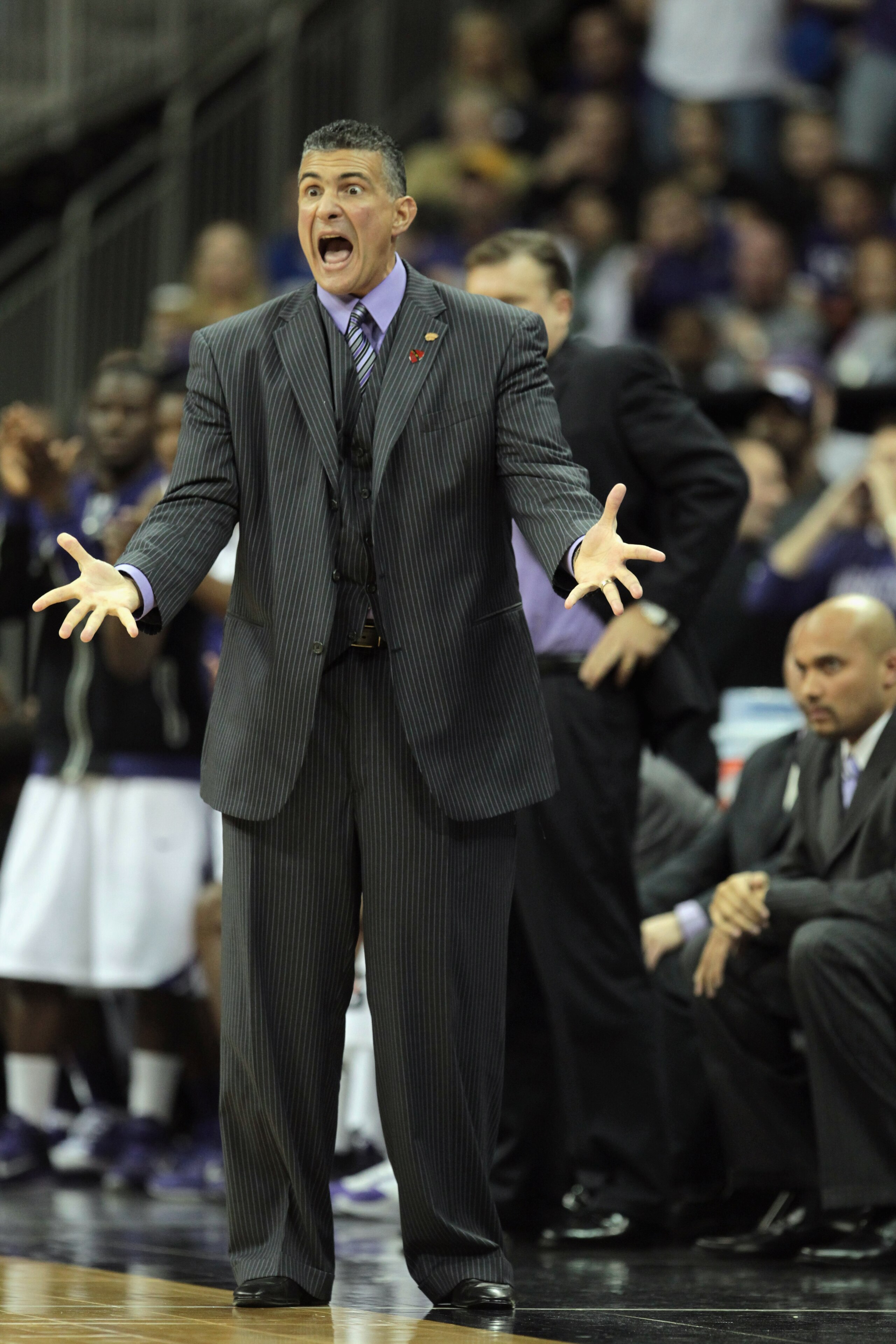 KANSAS CITY, MO - NOVEMBER 23:  Head coach Frank Martin of the Kansas State Wildcats reacts from the bench during the CBE Classic championship game against the Duke Blue Devils on November 23, 2010 at the Sprint Center in Kansas City, Missouri.  (Photo by