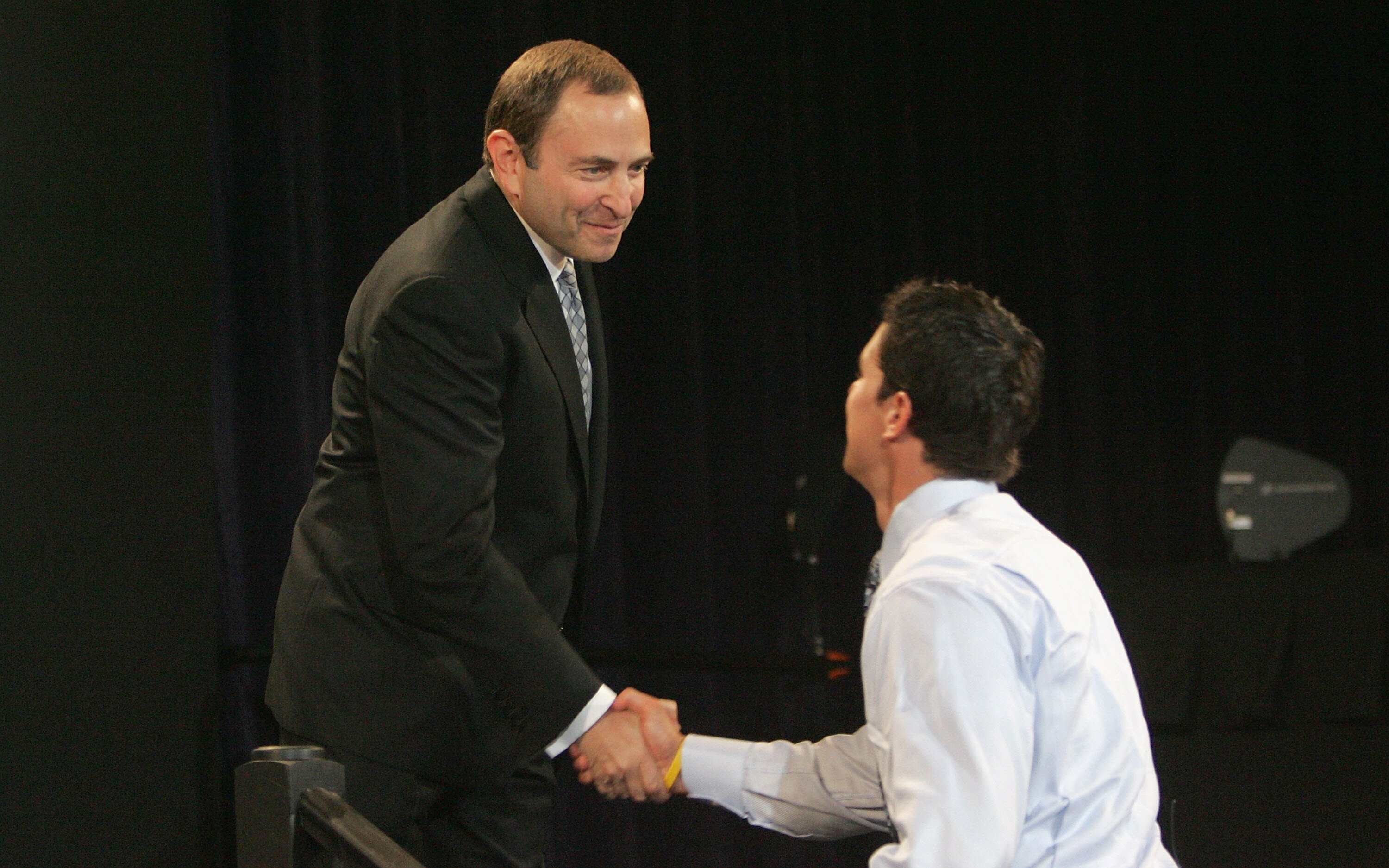 OTTAWA, ONT - JULY 30:  (L-R) Commissioner Gary Bettman of the National Hockey League greets first overall draft pick Sidney Crosby after being selected during the 2005 National Hockey League Draft on July 30, 2005 at the Westin Hotel in Ottawa, Canada.