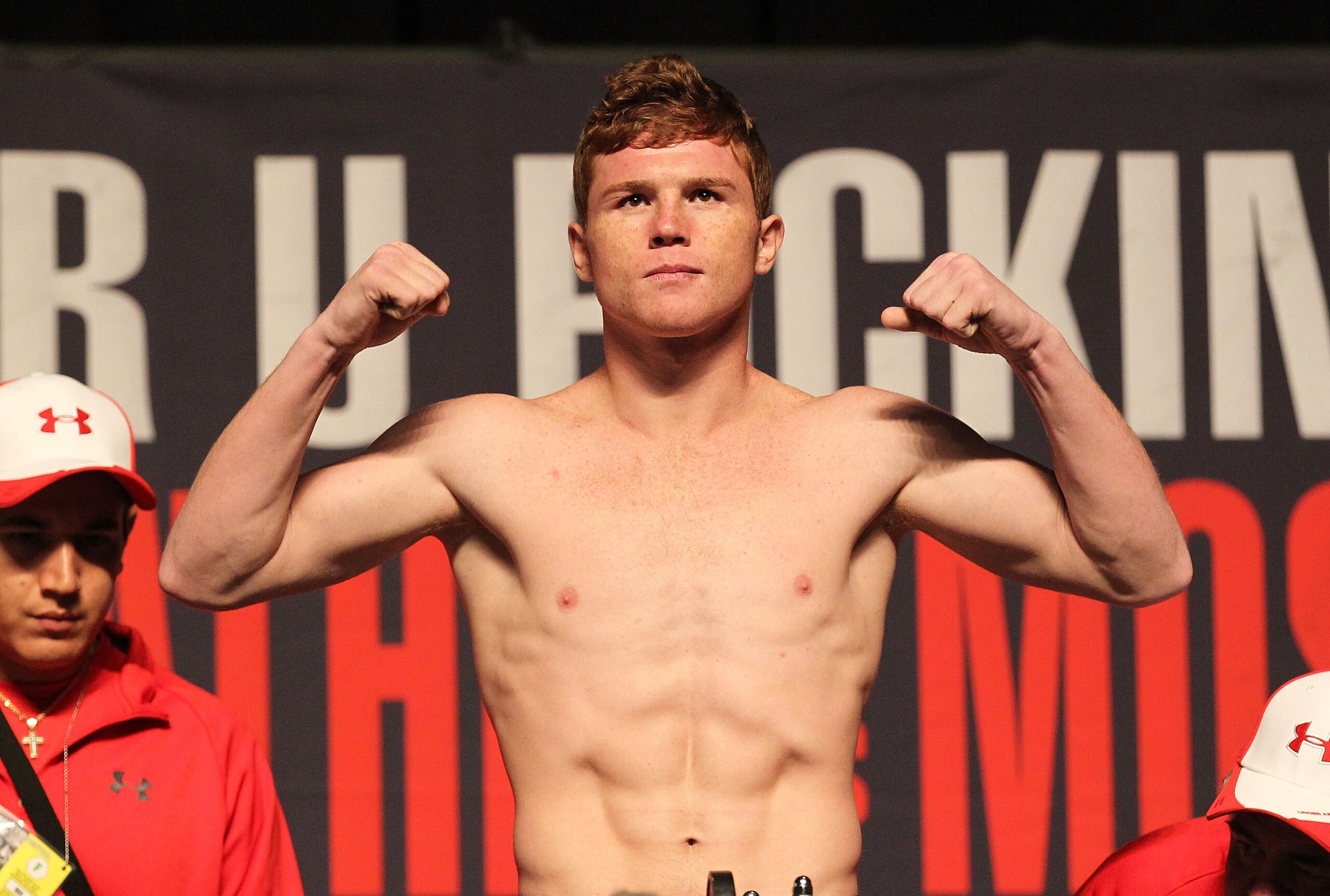LAS VEGAS - APRIL 30:  Saul Alvarez of Mexico poses afer he steps on the scale during the weigh-in for his bout against Jose Miguel Cotto of Puerto Rico at the MGM Grand Garden Arena on April 30, 2010 in Las Vegas, Nevada. Alvarex and Cotto will fight bef