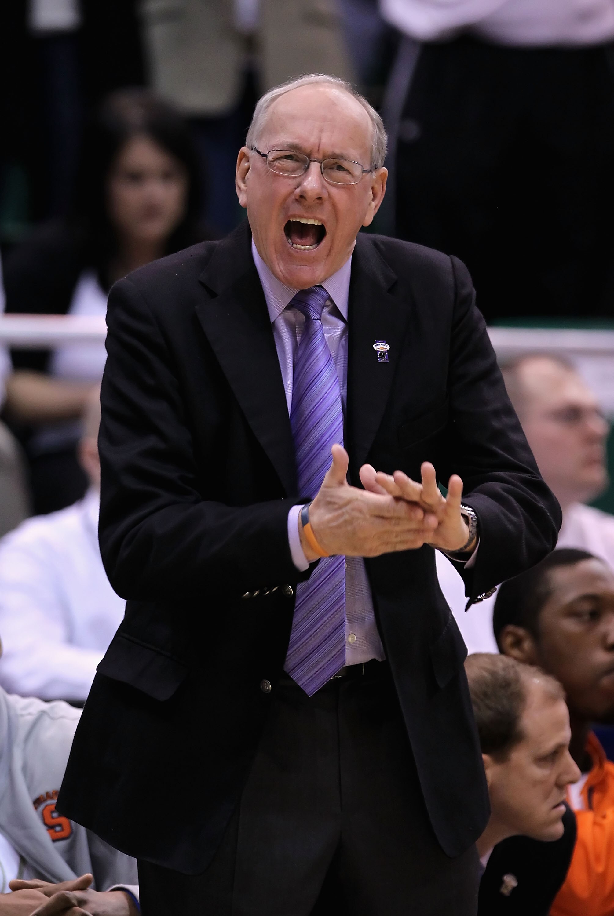 SALT LAKE CITY - MARCH 25:  Head coach Jim Boeheim of the Syracuse Orange reacts during the west regional semifinal of the 2010 NCAA men's basketball tournament against the Butler Bulldogs at the Energy Solutions Arena on March 25, 2010 in Salt Lake City,