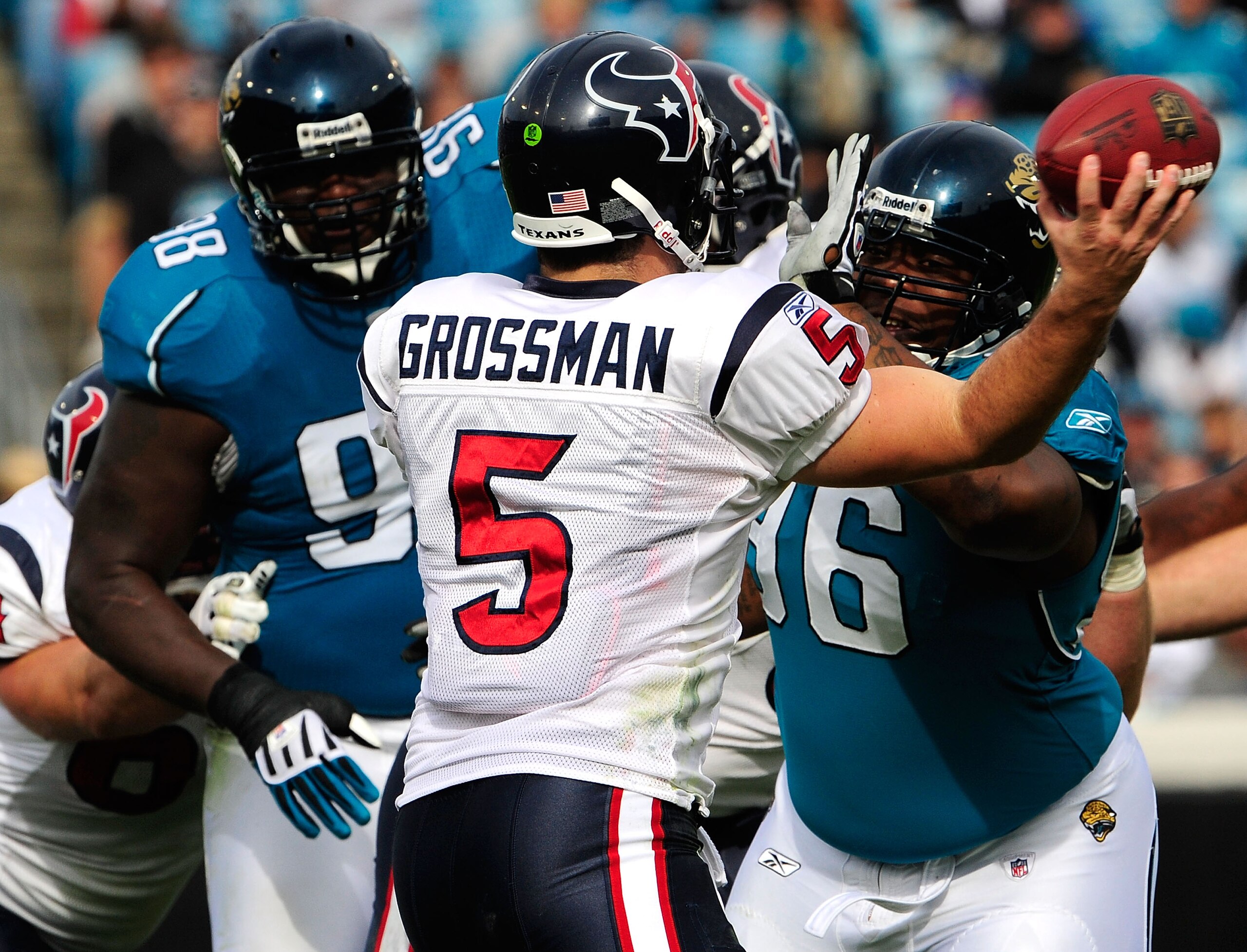 JACKSONVILLE, FL - DECEMBER 06: Terrance Knighton #96 of the Jacksonville Jaguars pressures Rex Grossman #5 of the Houston Texans during the game at Jacksonville Municipal Stadium on December 6, 2009 in Jacksonville, Florida. (Photo by Sam Greenwood/Get JACKSONVILLE, FL - DECEMBER 06: Terrance Knighton #96 of the Jacksonville Jaguars pressures Rex Grossman #5 of the Houston Texans during the game at Jacksonville Municipal Stadium on December 6, 2009 in Jacksonville, Florida. (Photo by Sam Greenwood/Get