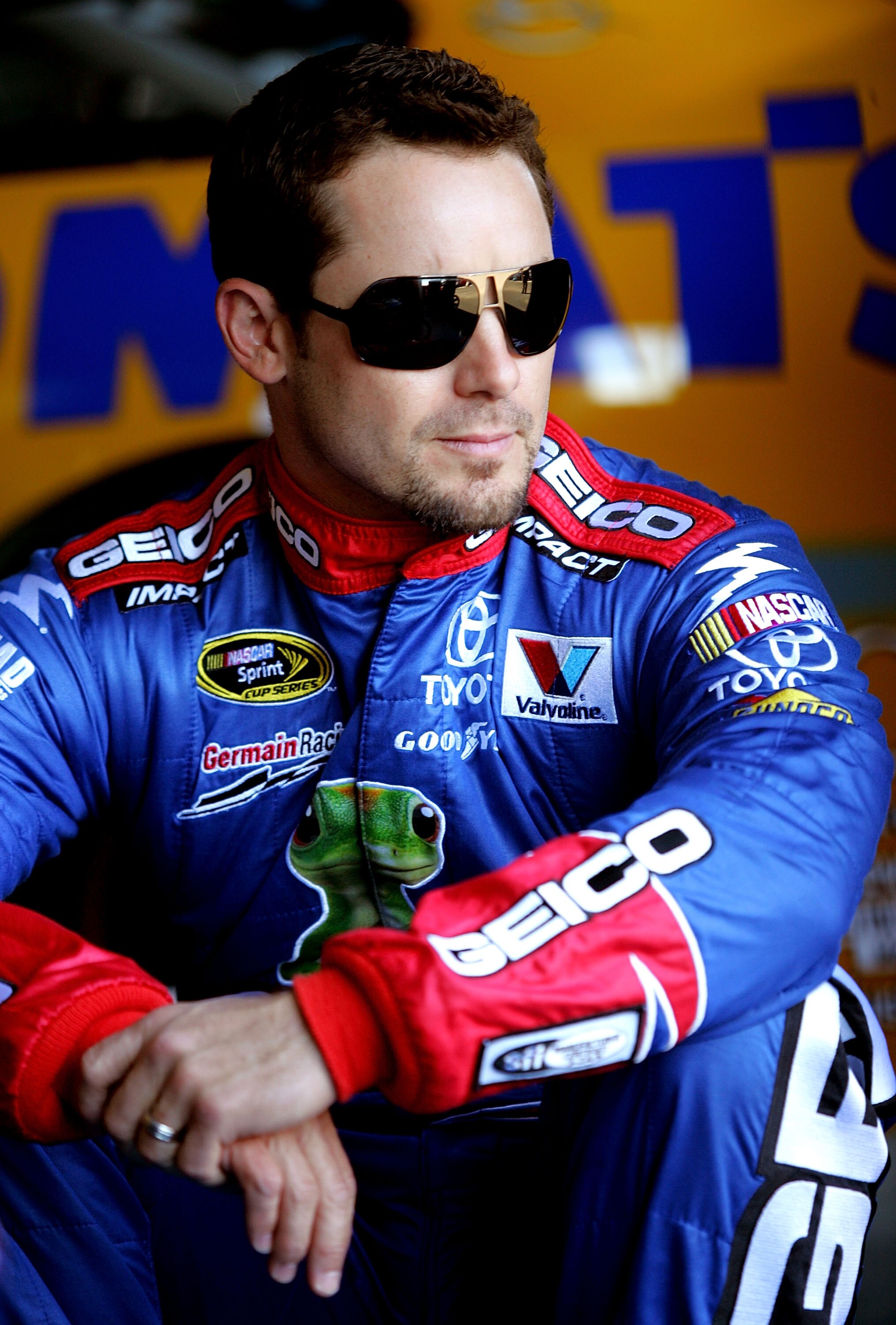 TALLADEGA, AL - OCTOBER 29:  Casey Mears, driver of the #13 GEICO Toyota, sits in the garage during practice for the NASCAR Sprint Cup Series AMP Energy Juice 500 at Talladega Superspeedway on October 29, 2010 in Talladega, Alabama.  (Photo by Jerry Markl
