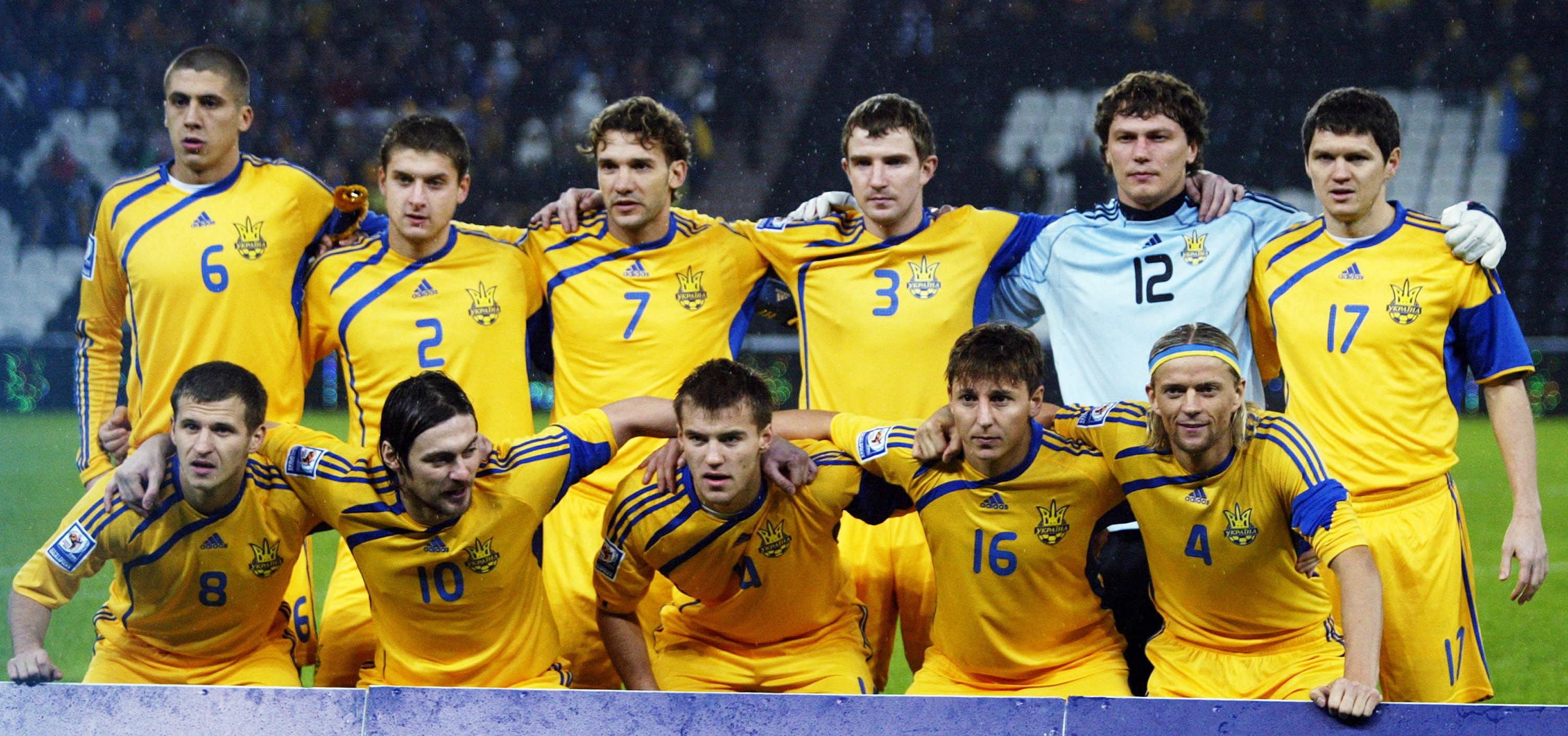 DONETSK, UKRAINE - NOVEMBER 18:  The Ukraine team line up before the 2010 FIFA World Cup play-off second leg match between the Ukraine and Greece on November 18, 2009 in Donetsk, Ukraine. (Photo by Epsilon/Getty Images)