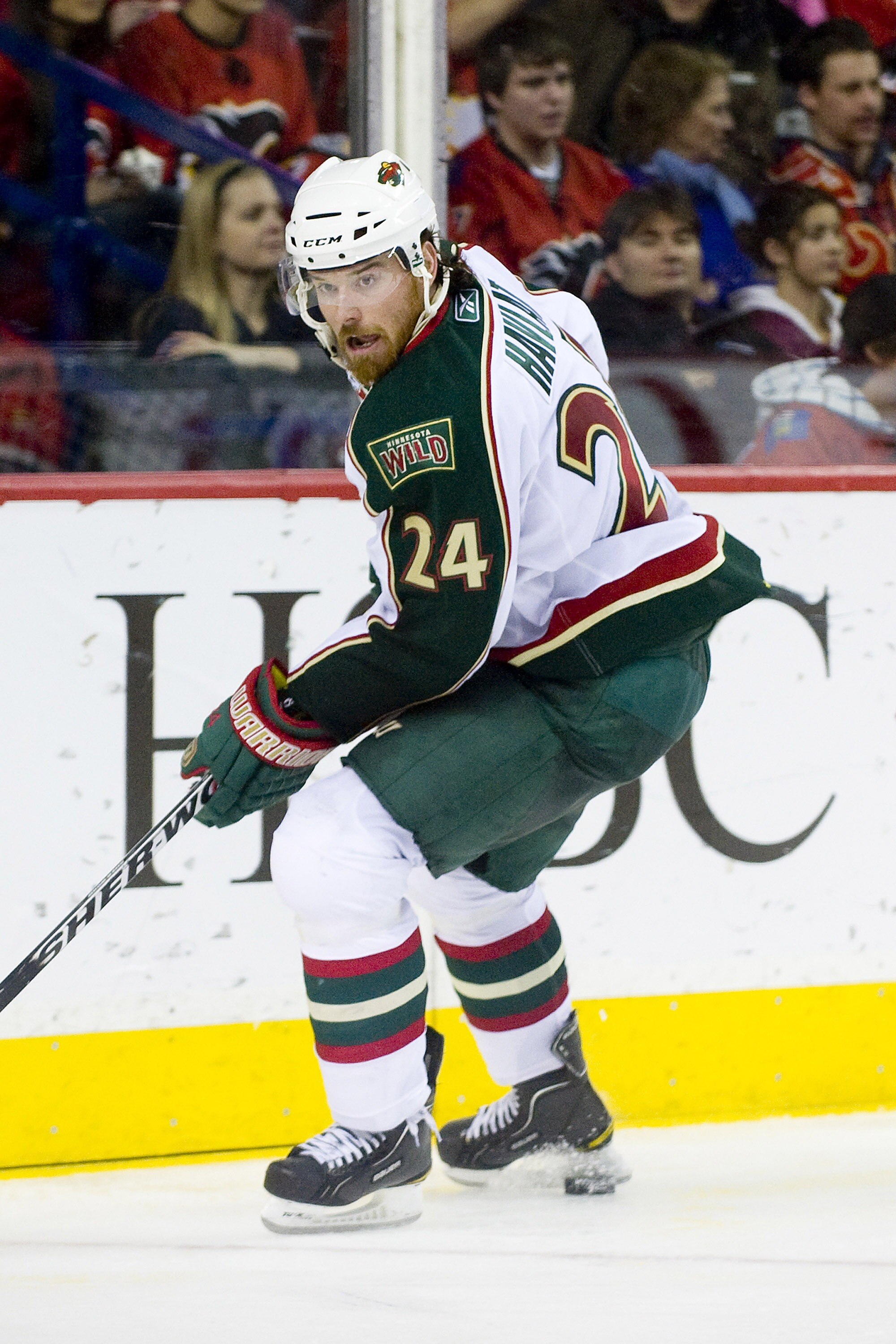 EDMONTON, AB - NOVEMBER 29:  Martin Havlat #24 of the Minnesota Wild controls the puck in his skates against the Calgary Flames at Scotiabank Saddledome on November 29, 2010 in Calgary, Alberta, Canada. The Flames beat the Wild 3-0.  (Photo by Dylan Lynch