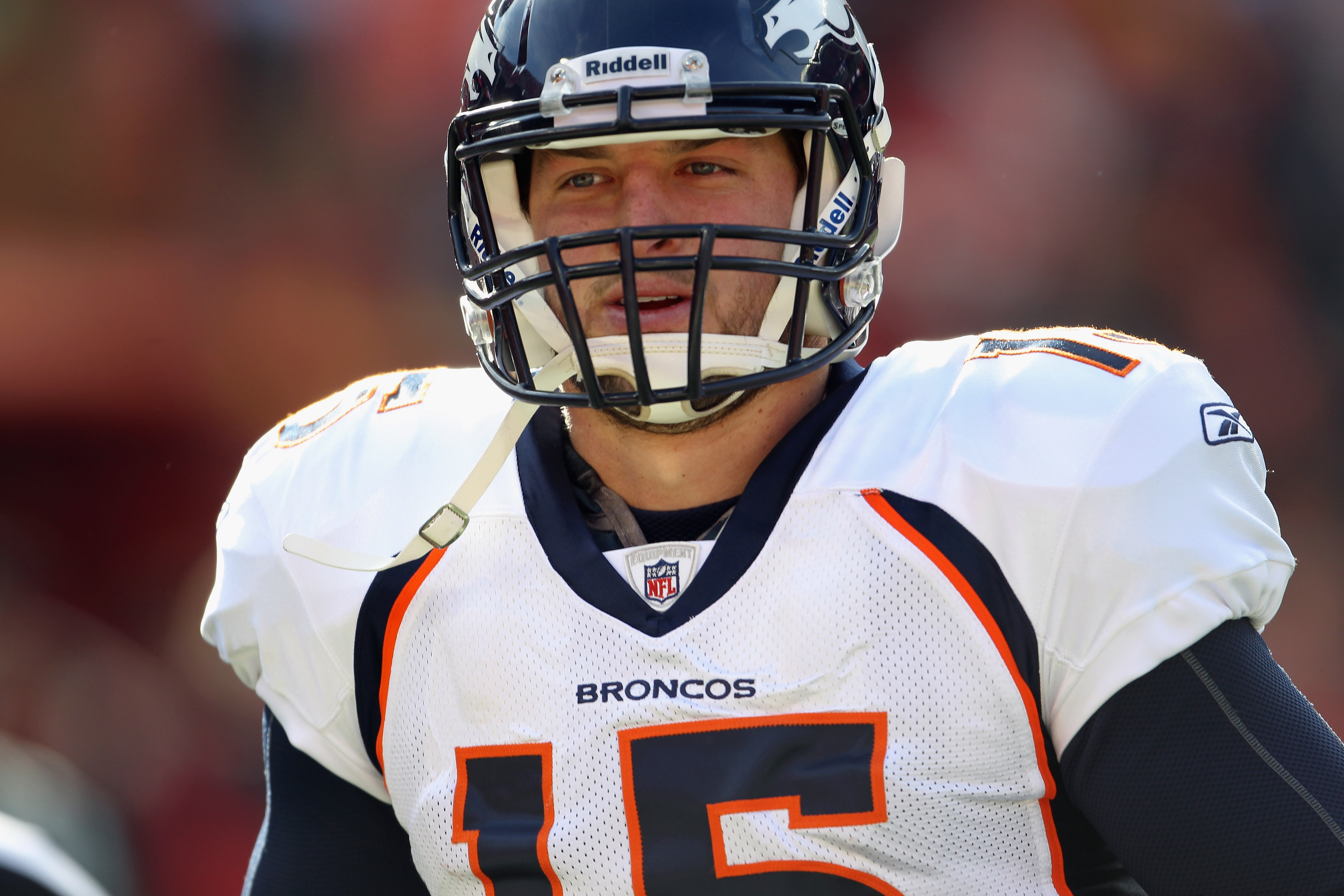 KANSAS CITY, MO - DECEMBER 05:  Quarterback Tim Tebow #15 of the Denver Broncos during warm-ups prior to the start of the game against the Kansas City Chiefs on December 5, 2010 at Arrowhead Stadium in Kansas City, Missouri.  (Photo by Jamie Squire/Getty