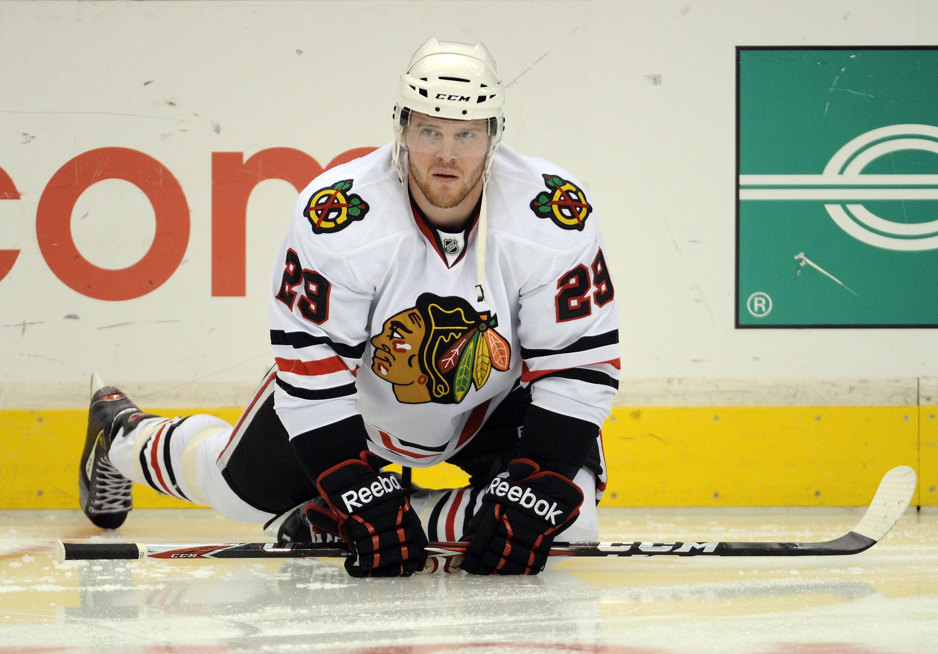 LOS ANGELES, CA - NOVEMBER 27:  Bryan Bickell #29 of the Chicago Blackhawks stretches before the game against the Los Angeles Kings at Staples Center on November 27, 2010 in Los Angeles, California.  (Photo by Harry How/Getty Images)
