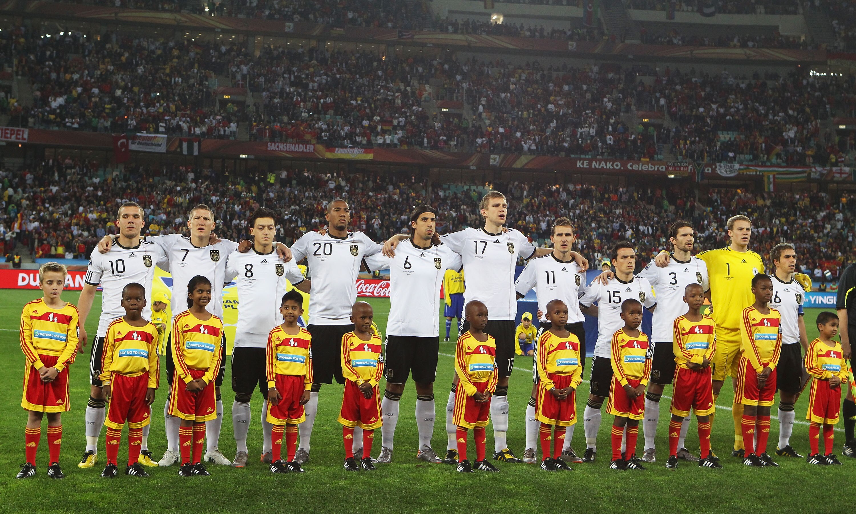 DURBAN, SOUTH AFRICA - JULY 07: The Germany team line up for the national anthems prior to the 2010 FIFA World Cup South Africa Semi Final match between Germany and Spain at Durban Stadium on July 7, 2010 in Durban, South Africa.  (Photo by Joern Pollex/G