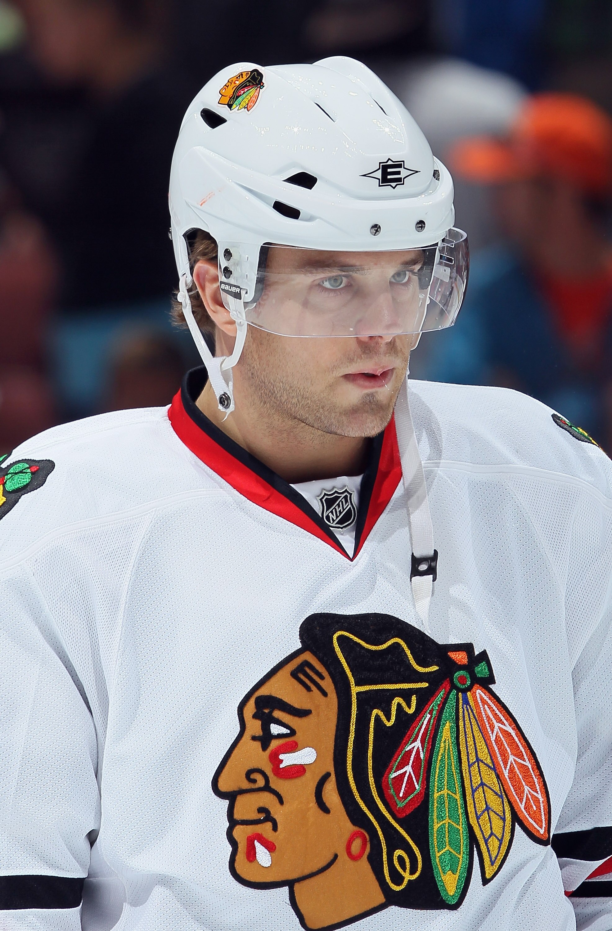 ANAHEIM, CA - NOVEMBER 26:  Viktor Stalberg #25 of the Chicago Blackhawks looks on prior to the start of the game against the Anaheim Ducks at the Honda Center on November 26, 2010 in Anaheim, California.  (Photo by Jeff Gross/Getty Images)