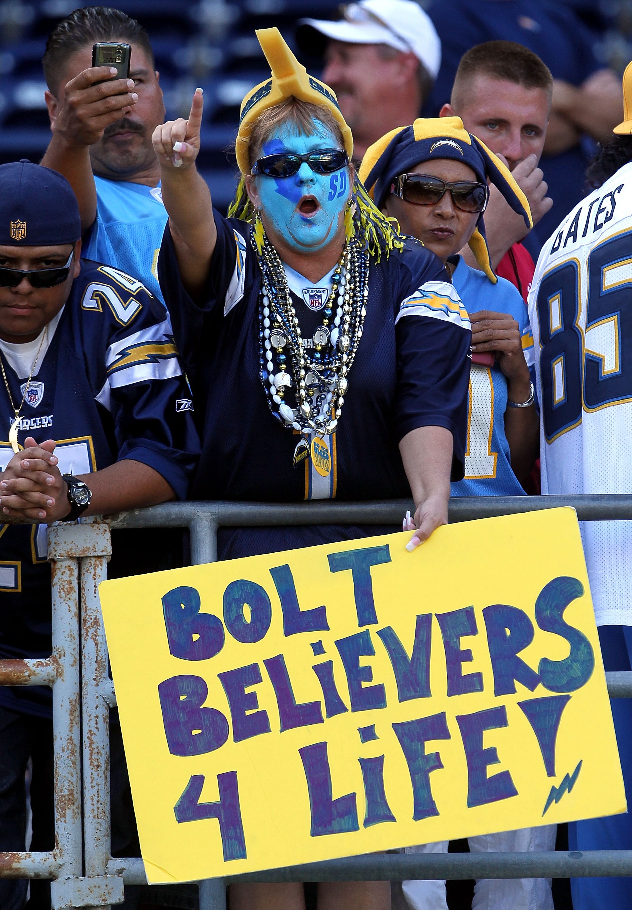 SAN DIEGO - OCTOBER 03:  A San Diego Chargers fan holds a sign in support of her team while they take on the Arizona Cardinals at Qualcomm Stadium on October 3, 2010 in San Diego, California.  (Photo by Jeff Gross/Getty Images)