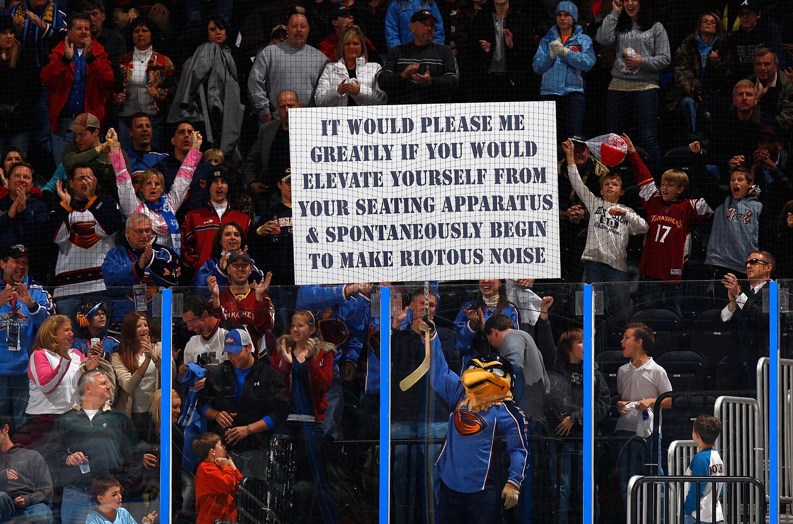 ATLANTA - DECEMBER 12:  Thrash, mascot for the Atlanta Thrashers, holds up a sign for the fans during the game against the Montreal Canadiens at Philips Arena on December 12, 2009 in Atlanta, Georgia.  (Photo by Kevin C. Cox/Getty Images)