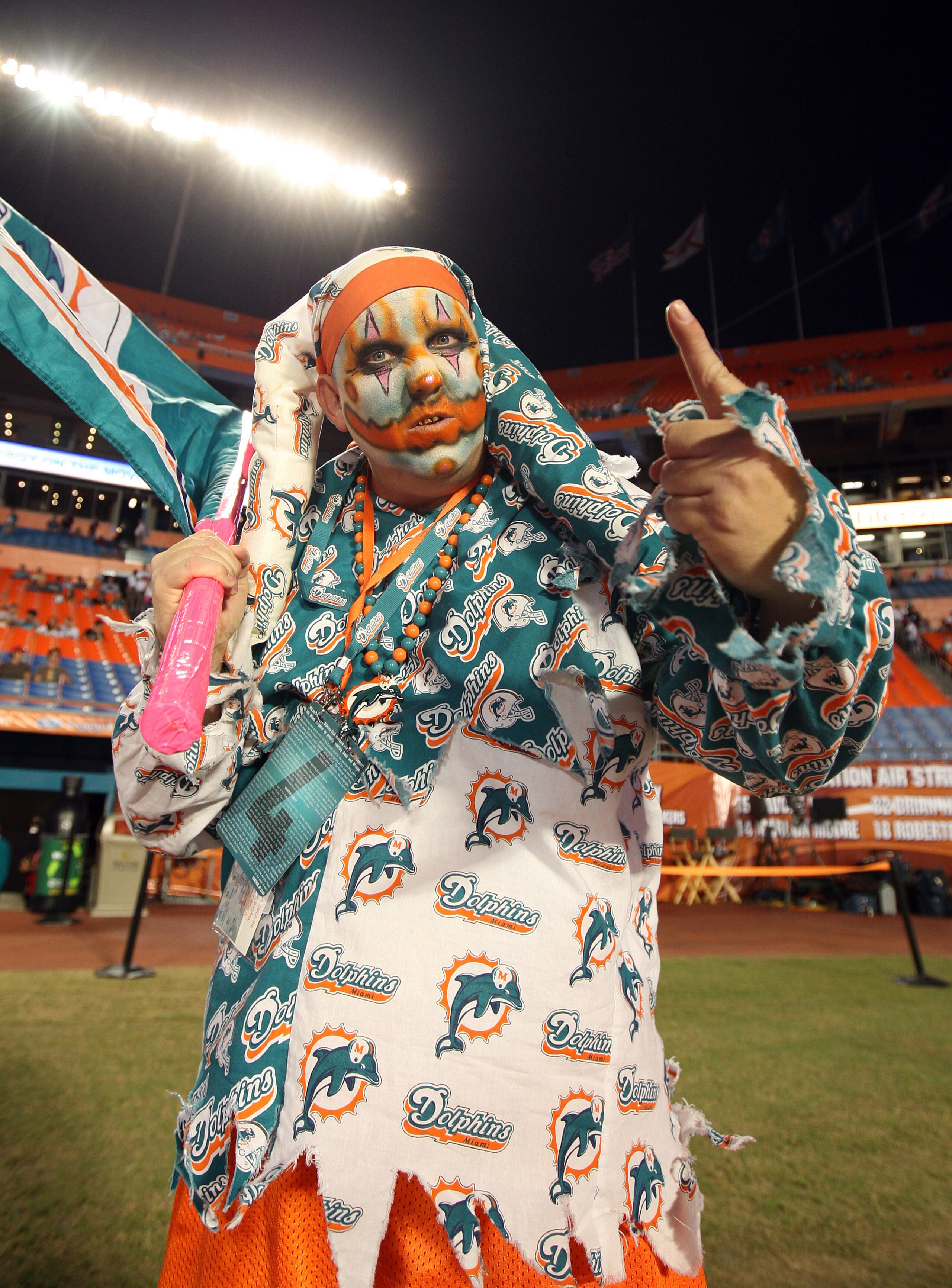 MIAMI - OCTOBER 4: A fan of the Miami Dolphins gets set for the game against the New England Patriots at Sun Life Field on October 4, 2010 in Miami, Florida. (Photo by Scott Cunningham/Getty Images) MIAMI - OCTOBER 4: A fan of the Miami Dolphins gets set for the game against the New England Patriots at Sun Life Field on October 4, 2010 in Miami, Florida. (Photo by Scott Cunningham/Getty Images)