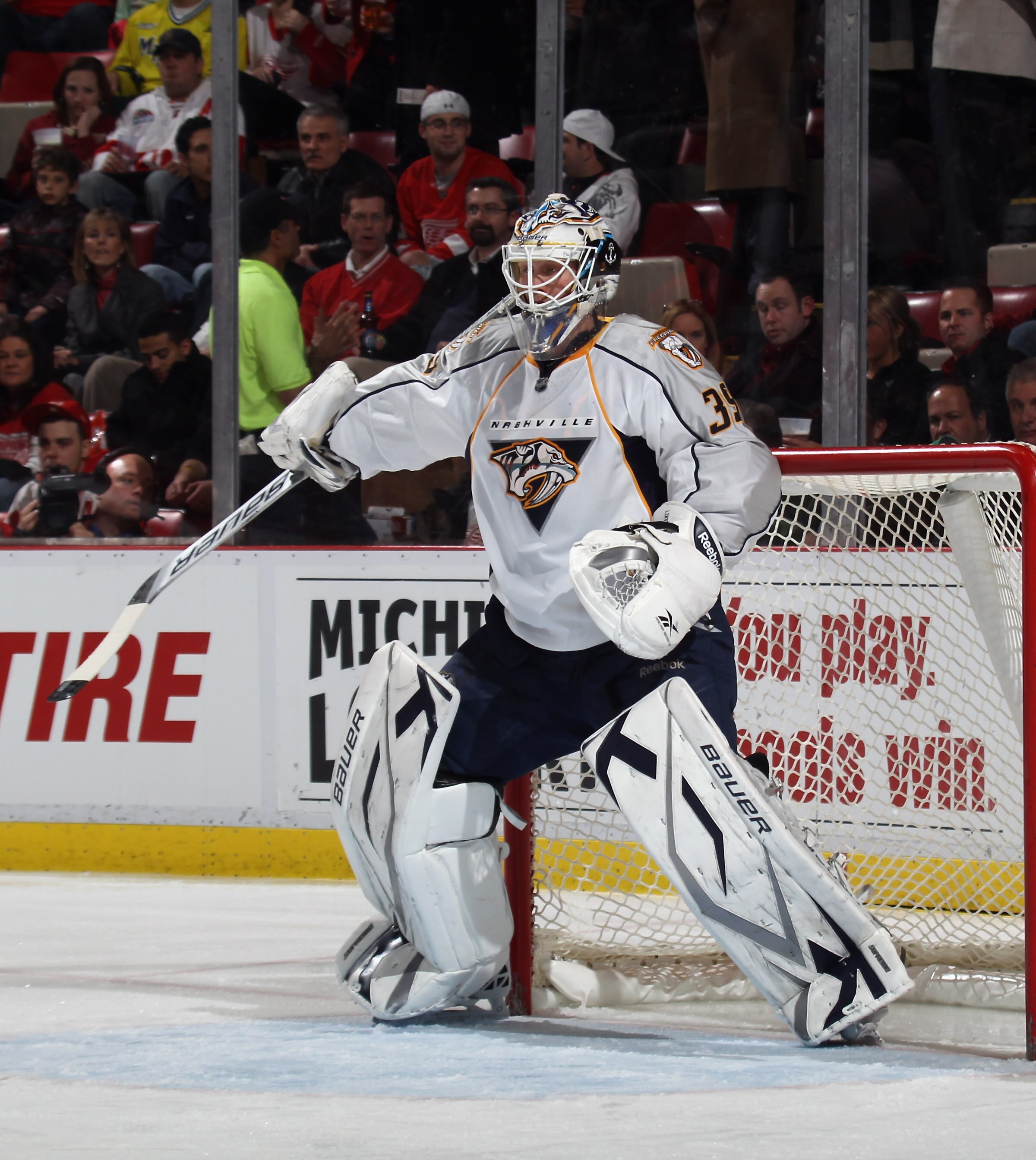DETROIT, MI - DECEMBER 08:  Anders Lindback #39 of the Nashville Predators tends net against the Detroit Red Wings at the Joe Louis Arena on December 8, 2010 in Detroit, Michigan. The Predators defeated the Red Wings 3-2.  (Photo by Bruce Bennett/Getty Im