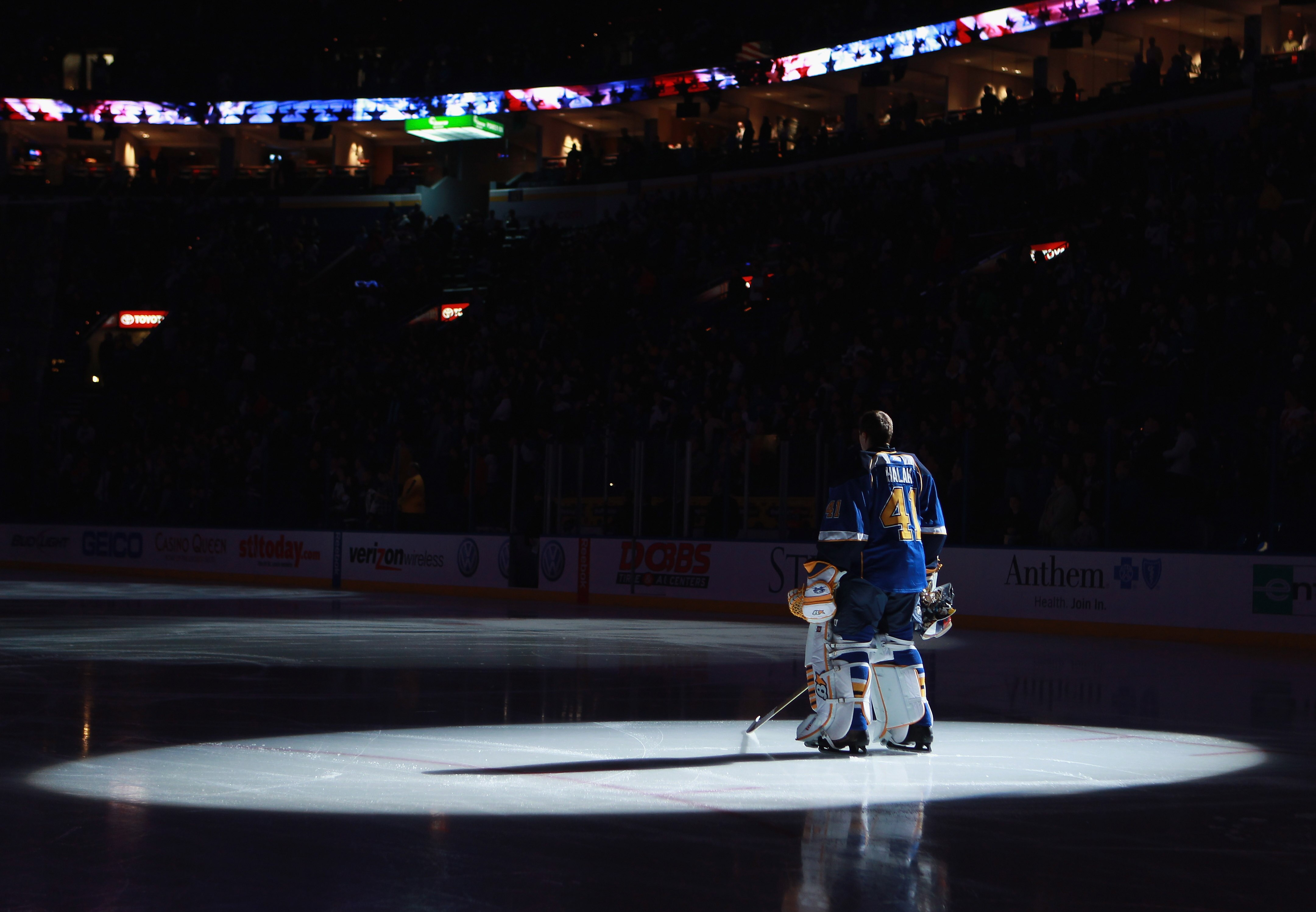 ST LOUIS, MO - DECEMBER 09: Jaroslav Halak #41 of the St. Louis Blues stands at attention during the national anthem prior to the game against the Columbus Blue Jackets at the Scottrade Center on December 9, 2010 in St Louis, Missouri.  (Photo by Bruce Be