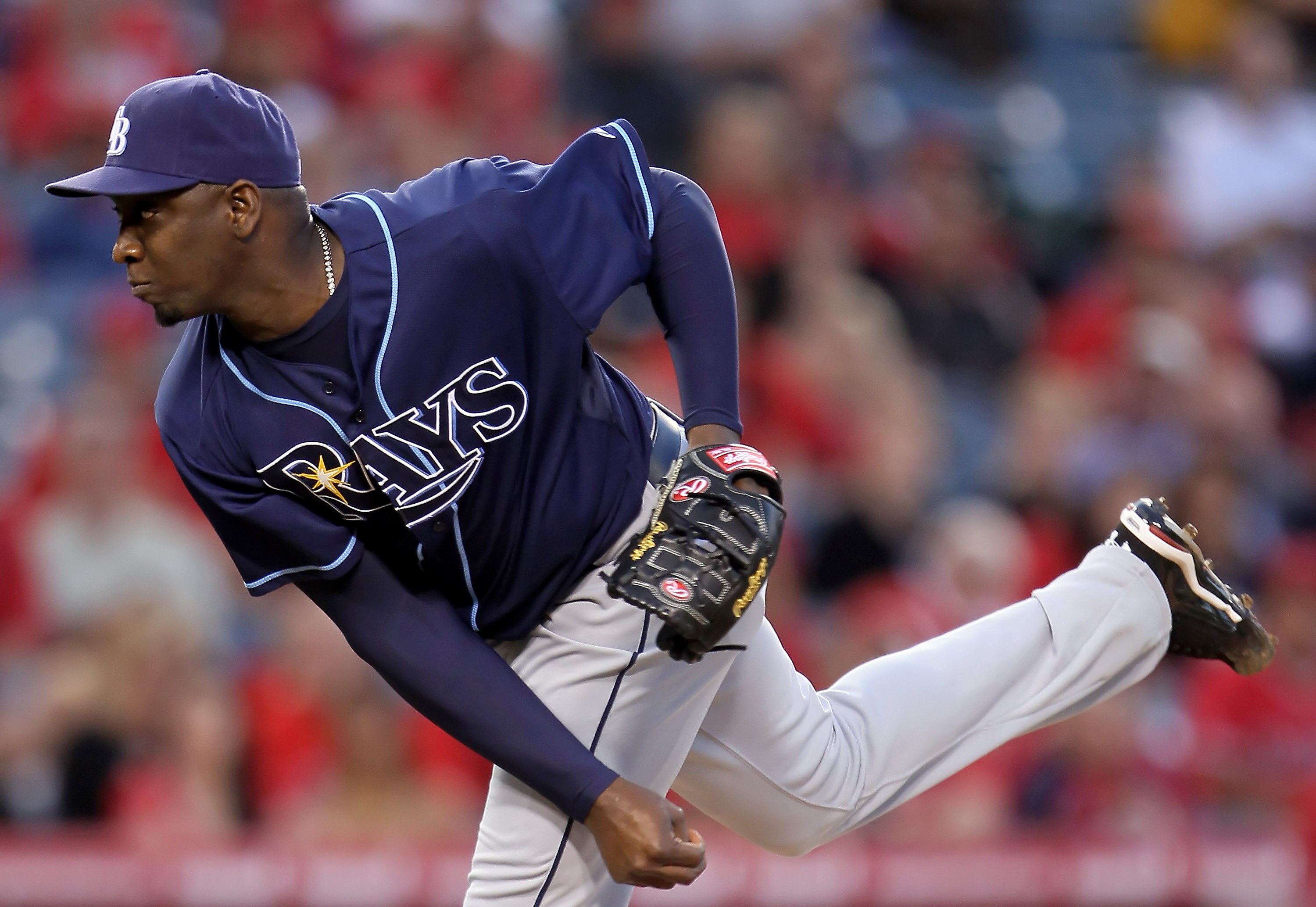 ANAHEIM, CA - MAY 12:  Relief pitcher Rafael Soriano #29 of the Tampa Bay Rays follows through on a pitch in the ninth inning against the Los Angeles Angels of Anaheim at Angel Stadium on May 12, 2010 in Anaheim, California. The Rays defeated the Angels 4