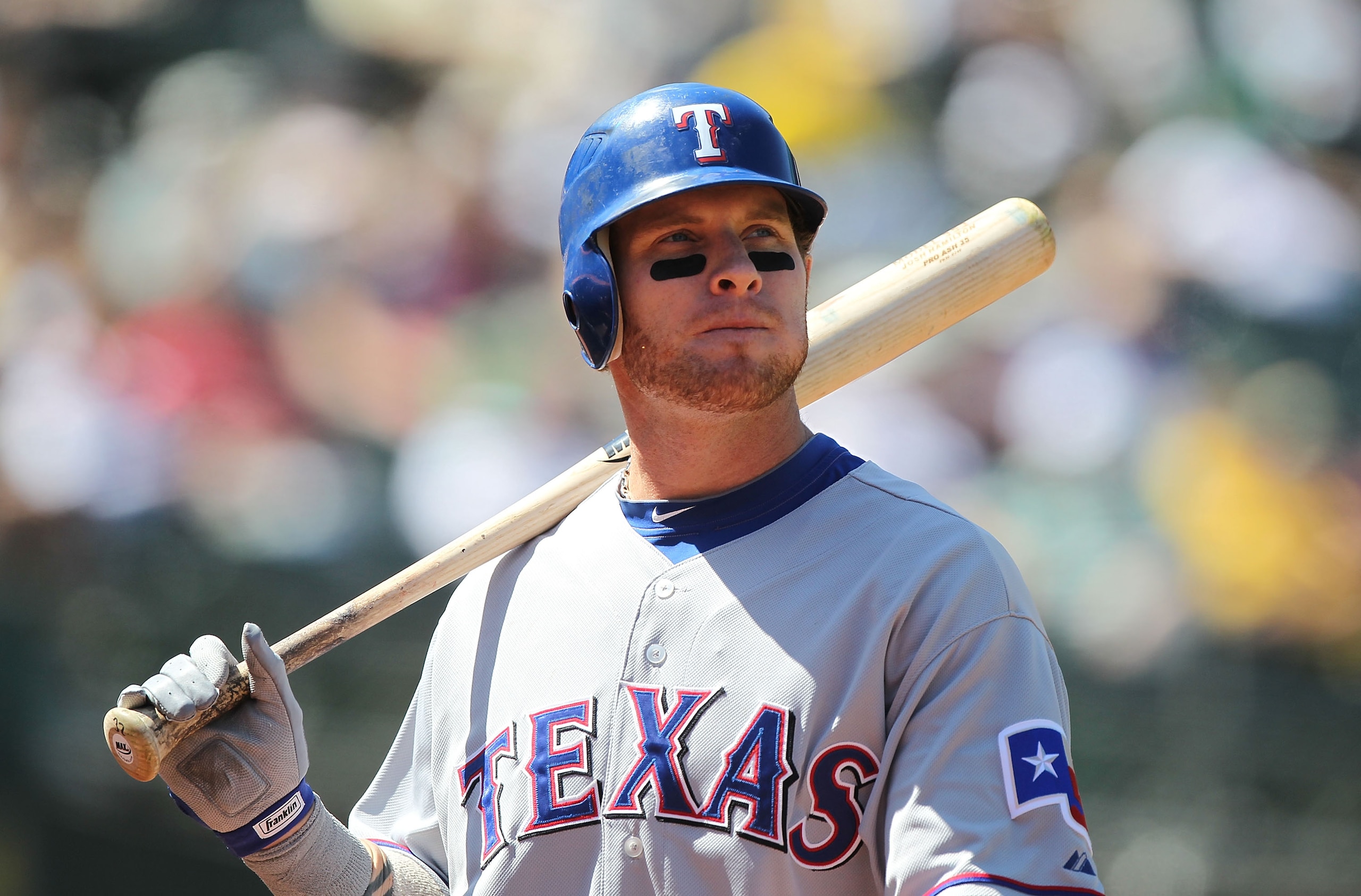 OAKLAND, CA - MAY 5: Josh Hamilton #32 of the Texas Rangers walks back to the dugout after striking out in the 8th inning against the Oakland Athletics during an MLB game at the Oakland-Alameda County Coliseum on May 5, 2010 in Oakland, California. (Photo