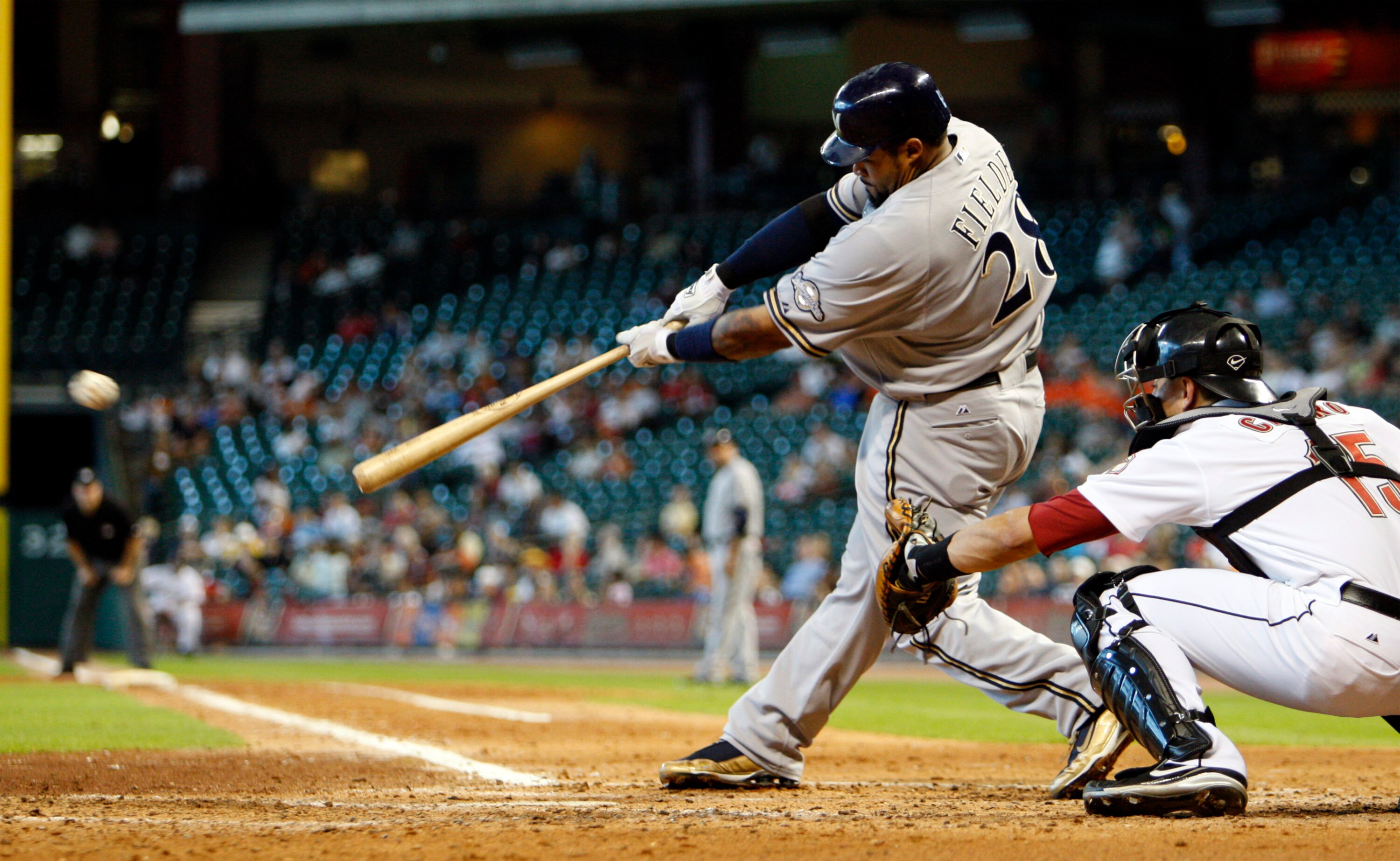 HOUSTON - SEPTEMBER 15:  Prince Fielder #28 of the Milwaukee Brewers hits a soft line drive to left field in the fifth inning against the Houston Astros on September 15, 2010 in Houston, Texas.  (Photo by Bob Levey/Getty Images)