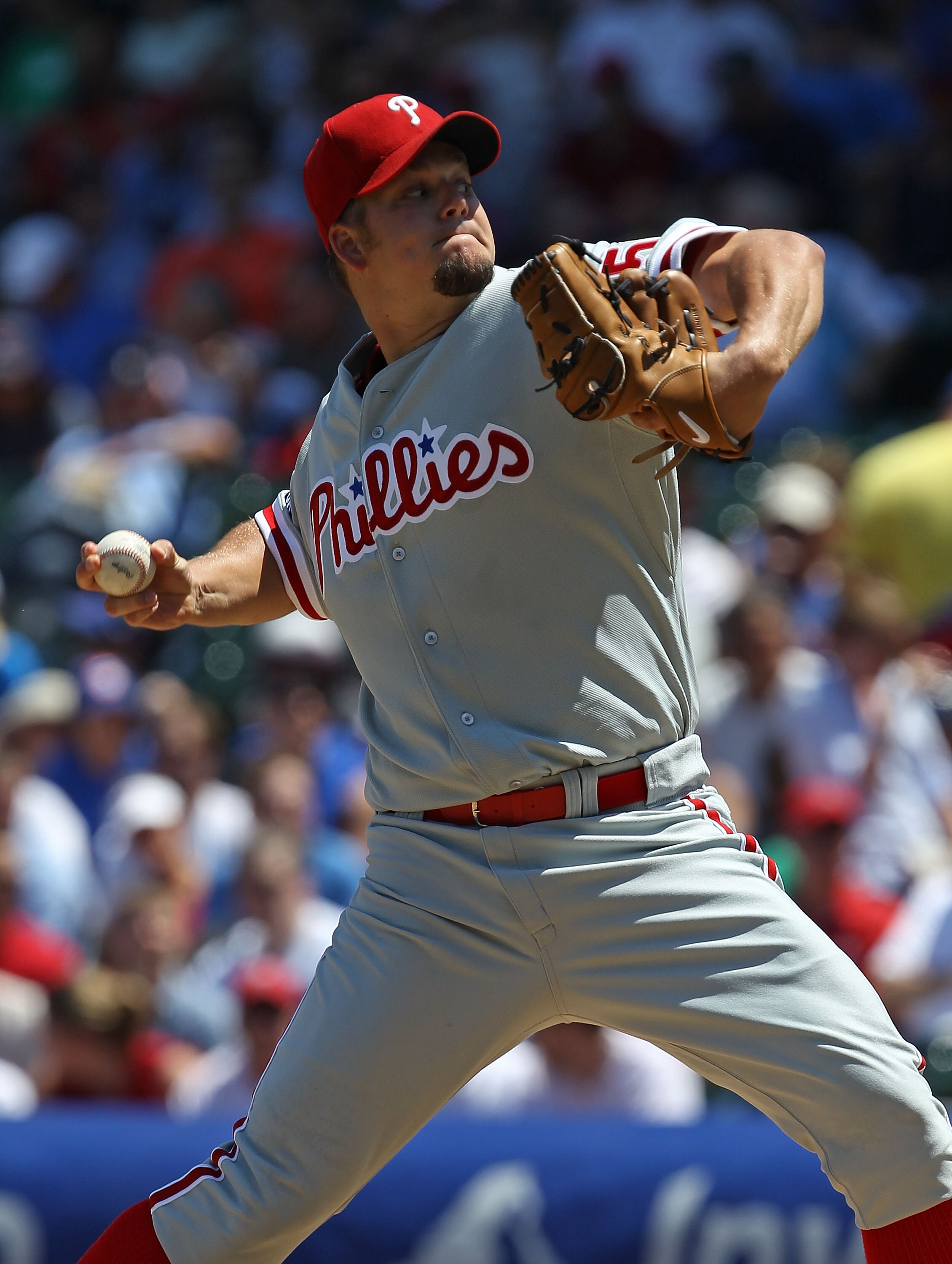 CHICAGO - JULY 16: Starting pitcher Joe Blanton #56 of the Philadelphia Phillies delivers the ball against the Chicago Cubs at Wrigley Field on July 16, 2010 in Chicago, Illinois. The Cubs defeated the Phillies 4-3.  (Photo by Jonathan Daniel/Getty Images