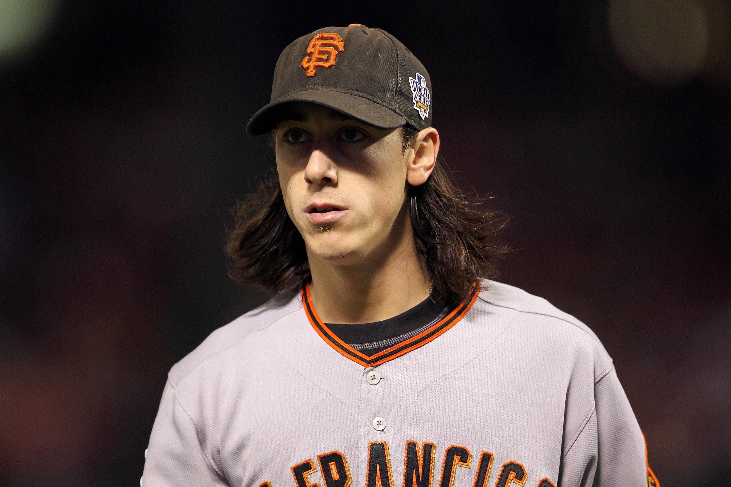 ARLINGTON, TX - NOVEMBER 01:  Starting pitcher Tim Lincecum #55 of the San Francisco Giants looks on against the Texas Rangers in Game Five of the 2010 MLB World Series at Rangers Ballpark in Arlington on November 1, 2010 in Arlington, Texas.  (Photo by D
