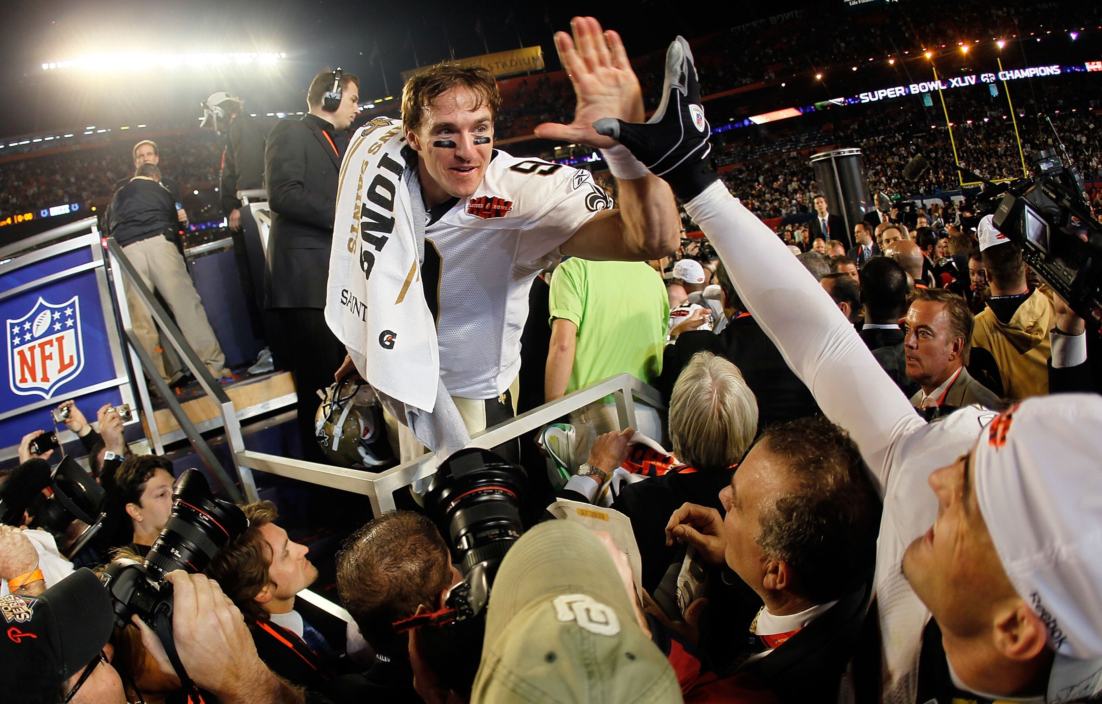 MIAMI GARDENS, FL - FEBRUARY 07:  Drew Brees #9 of the New Orleans Saints celebrates at the end of Super Bowl XLIV on February 7, 2010 at Sun Life Stadium in Miami Gardens, Florida. The Saints defeated the Colts 31-17  (Photo by Donald Miralle/Getty Image