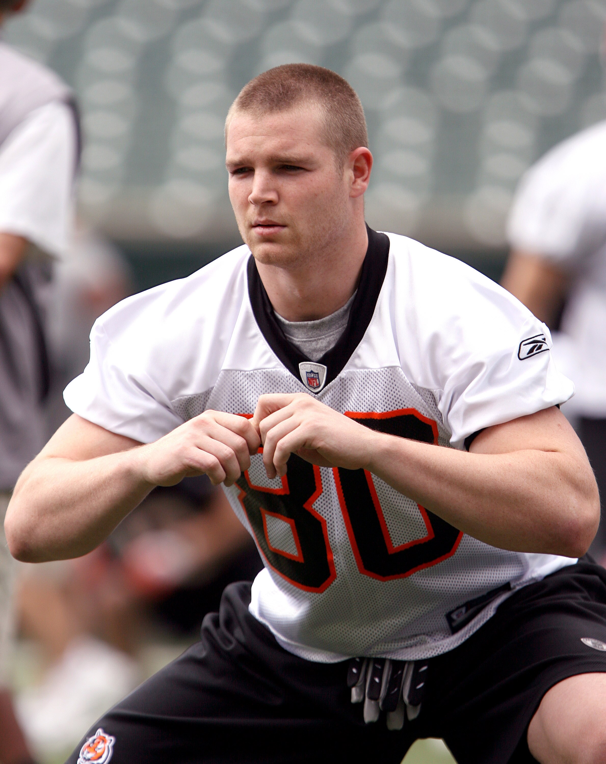 CINCINNATI, OH - MAY 1:  Third round draft pick Chase Coffman #80 of the Cincinnati Bengals stretches during rookie minicamp at Paul Brown Stadium on May 1, 2009 in Cincinnati, Ohio.  (Photo by Mark Lyons/Getty Images)