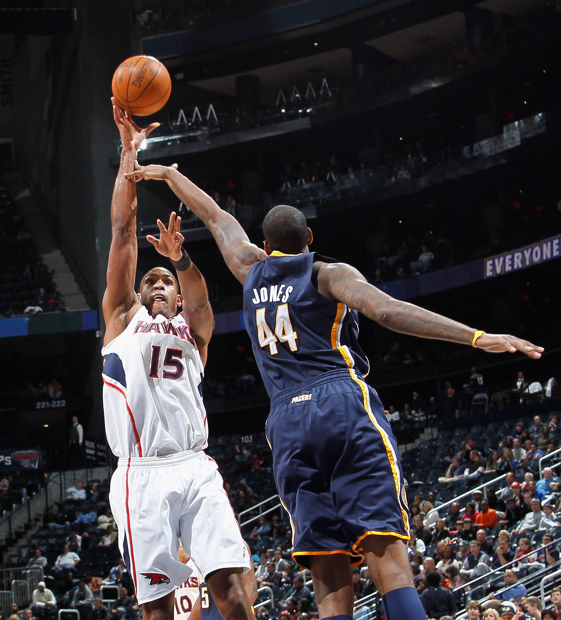 ATLANTA, GA - DECEMBER 11:  Al Horford #15 of the Atlanta Hawks against Solomon Jones #44 of the Indiana Pacers at Philips Arena on December 11, 2010 in Atlanta, Georgia.  NOTE TO USER: User expressly acknowledges and agrees that, by downloading and/or us